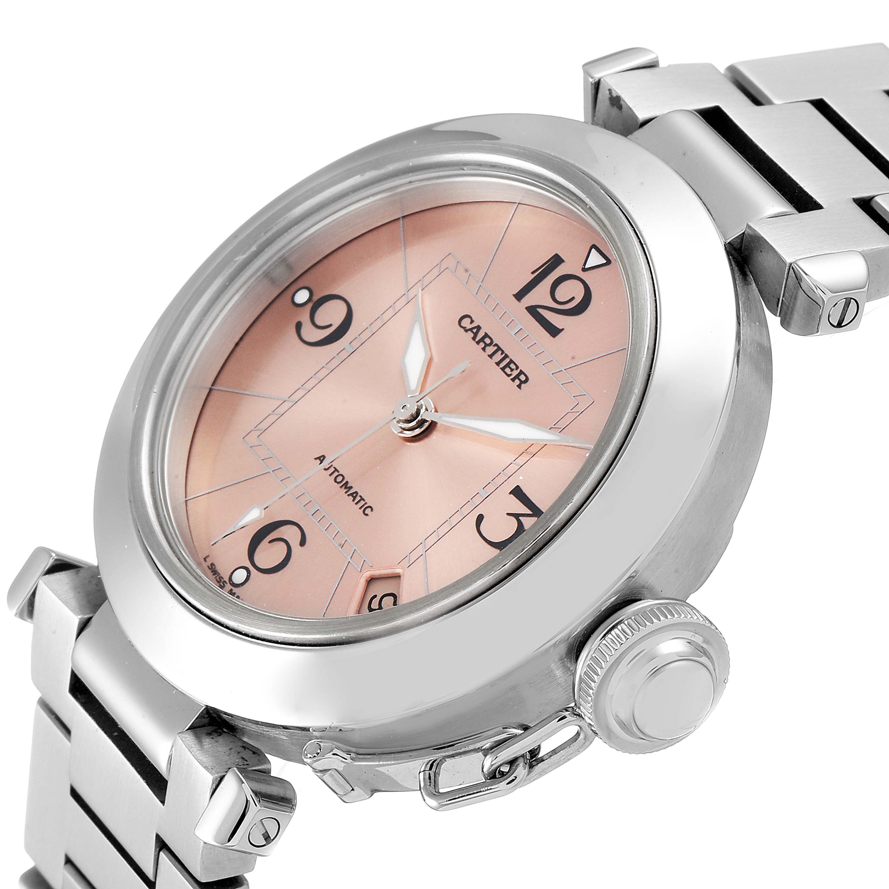 This image shows a Cartier Pasha W31075M7 Women's Stainless Steel Pink Dial W31075M7 Women's Stainless Steel Pink Dial watch at a three-quarter angle, highlighting the dial, bezel, crown, and part of the bracelet.
