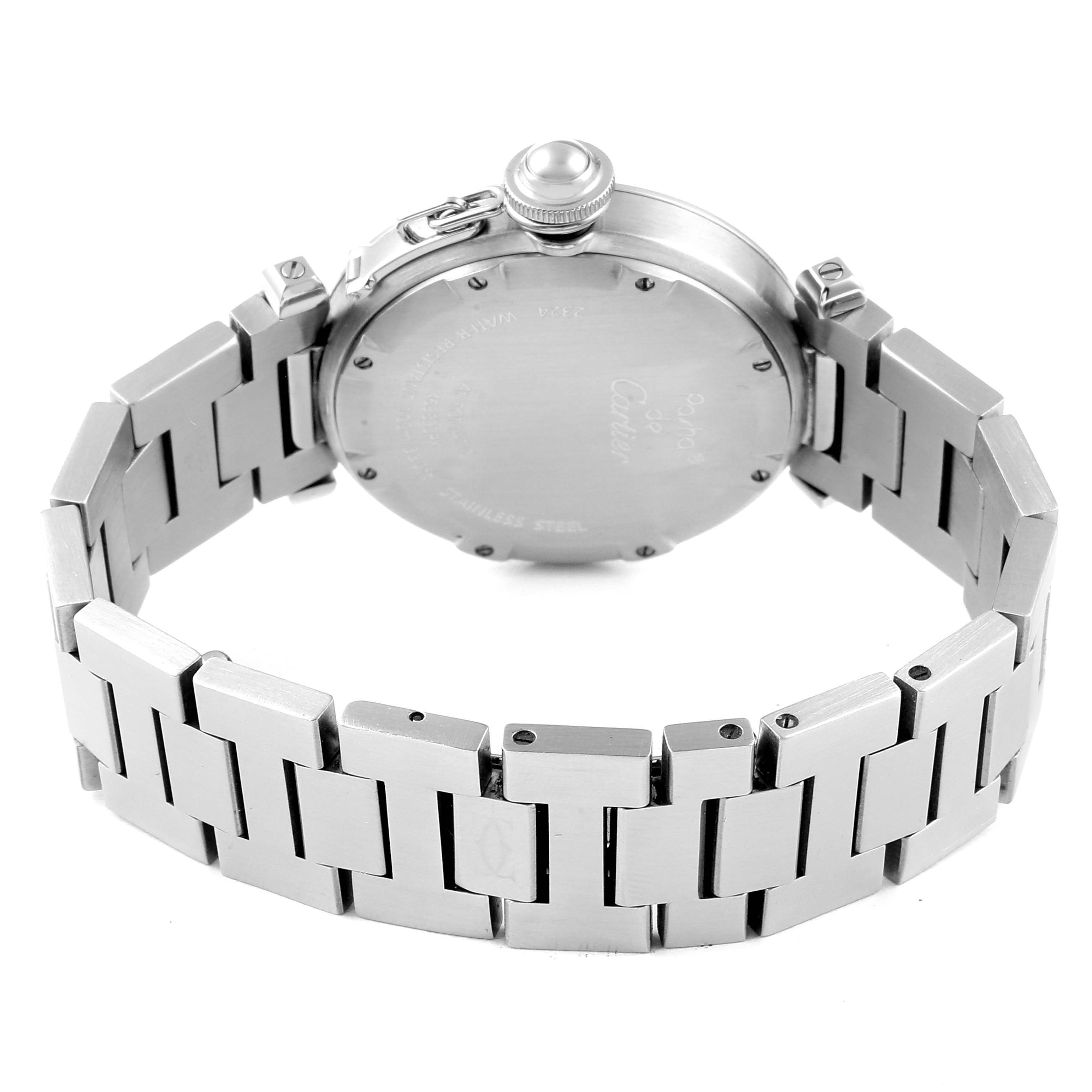 The image shows the back casing and metal bracelet of the Cartier Pasha W31075M7 Women's Stainless Steel Pink Dial W31075M7 Women's Stainless Steel Pink Dial watch.