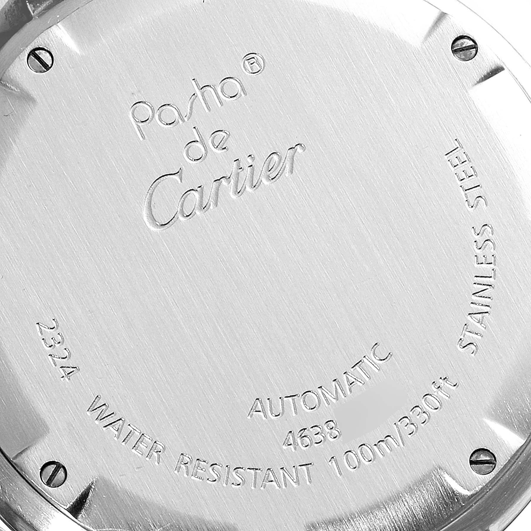 This image shows the back case of a Cartier Pasha W31075M7 Women's Stainless Steel Pink Dial W31075M7 Women's Stainless Steel Pink Dial watch, featuring engravings and screw details.
