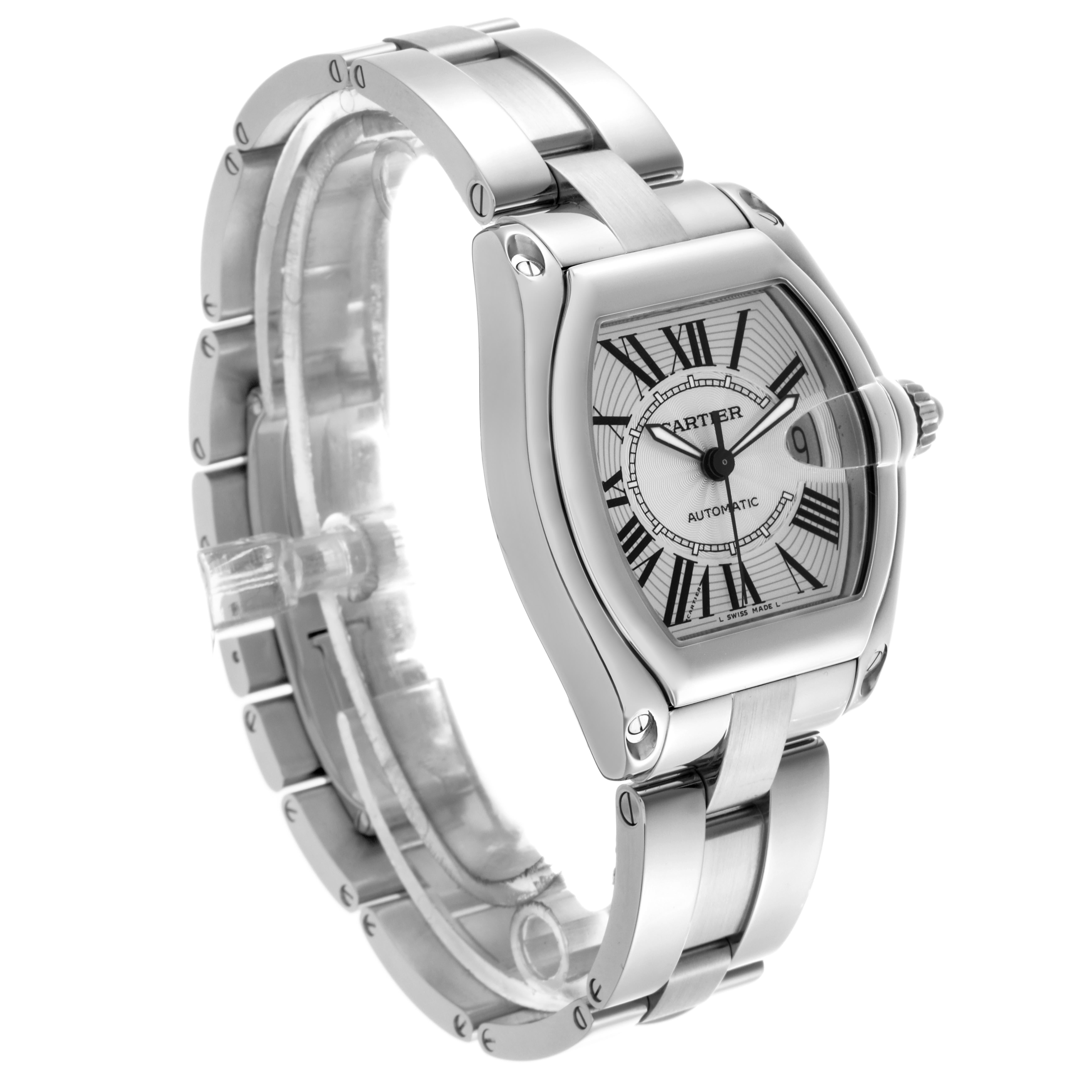 The Cartier Roadster W62025V3 Men
s Stainless Steel Silver Dial W62025V3 Men
s Stainless Steel Silver Dial watch is shown at a three-quarter angle, highlighting its face, bezel, and bracelet.