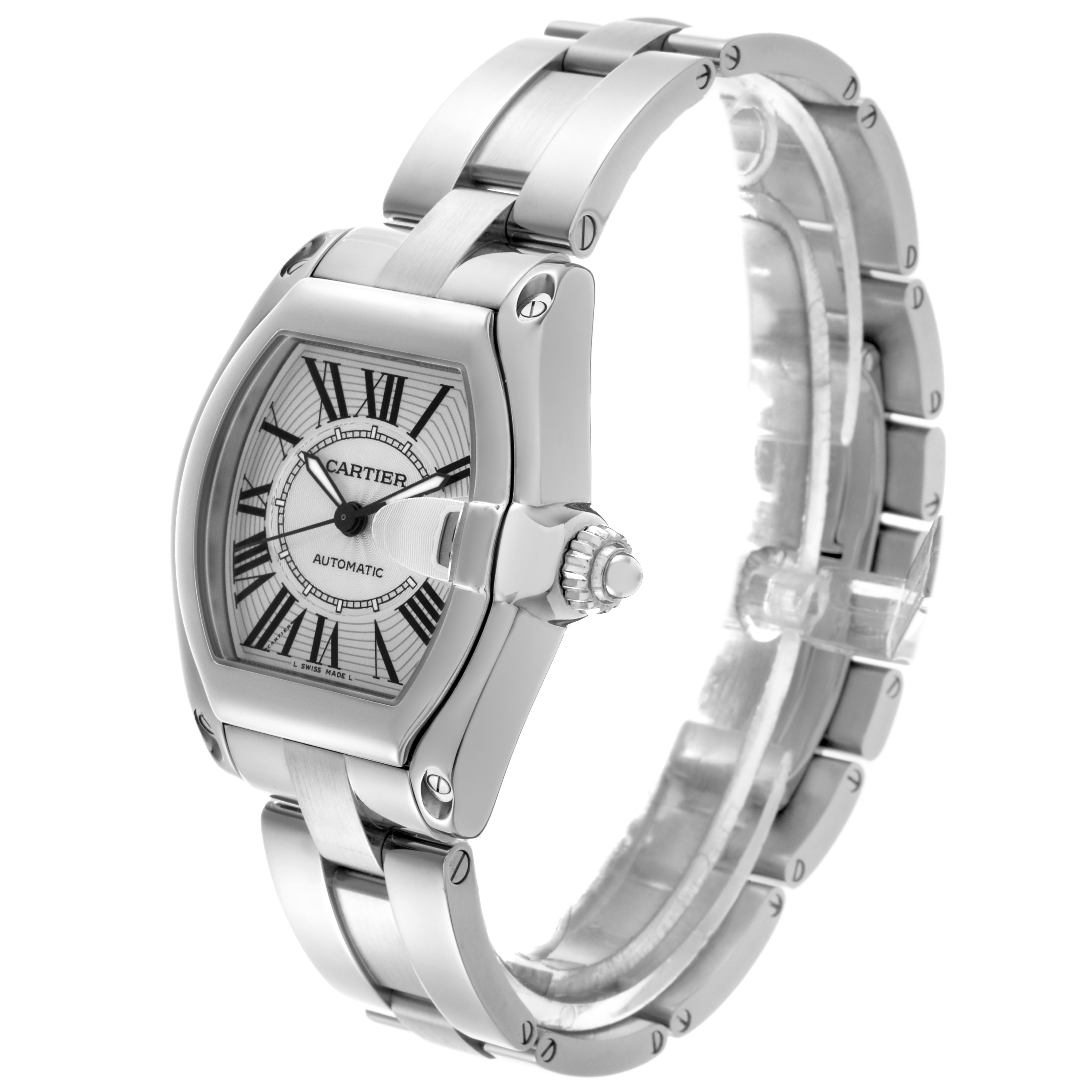 The Cartier Roadster W62025V3 Men
s Stainless Steel Silver Dial W62025V3 Men
s Stainless Steel Silver Dial watch is shown at an angle highlighting the dial, crown, and bracelet with a side view.