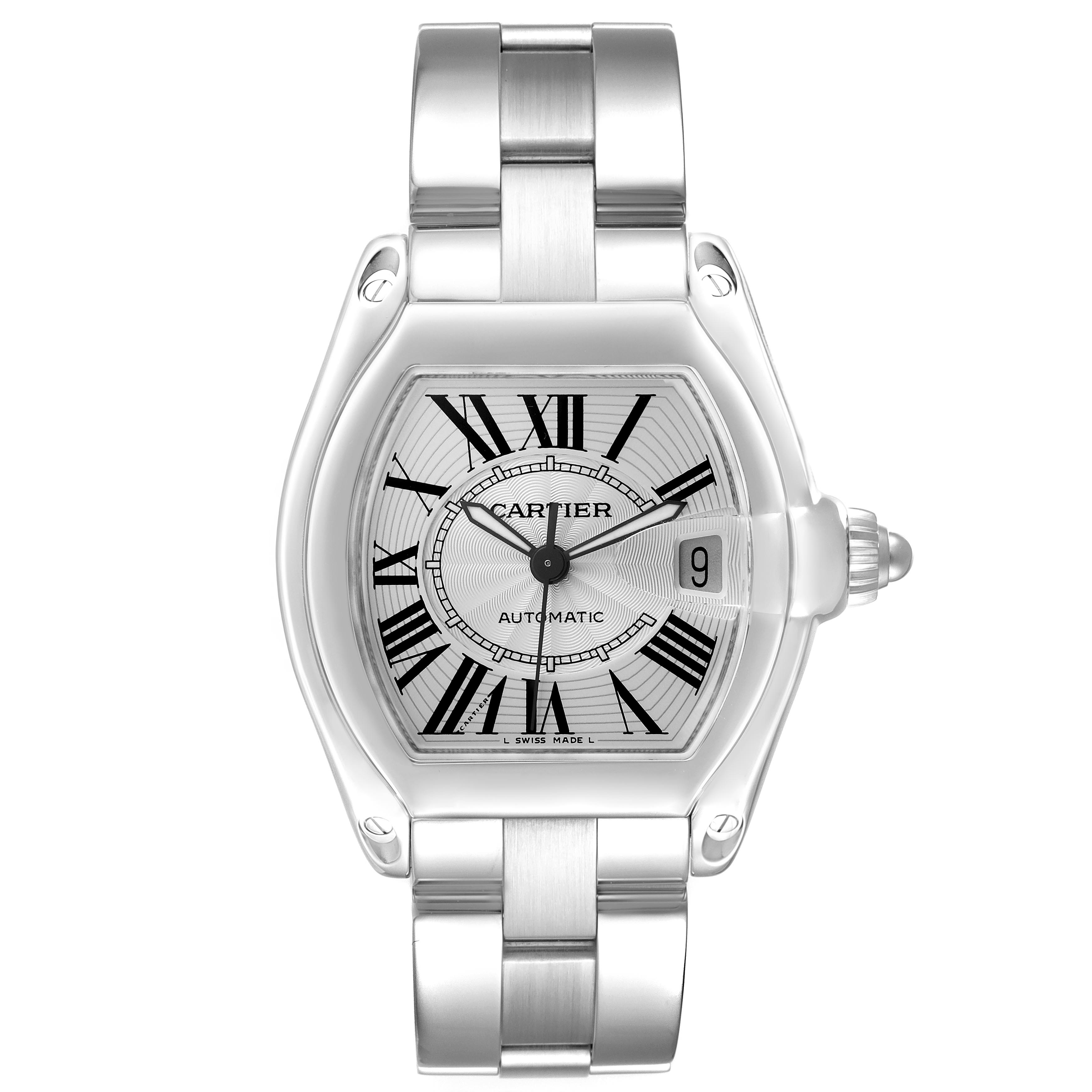 The Cartier Roadster W62025V3 Men
s Stainless Steel Silver Dial W62025V3 Men
s Stainless Steel Silver Dial watch is shown from a top-down view, highlighting its face, bezel, and bracelet with Roman numerals and a date window.