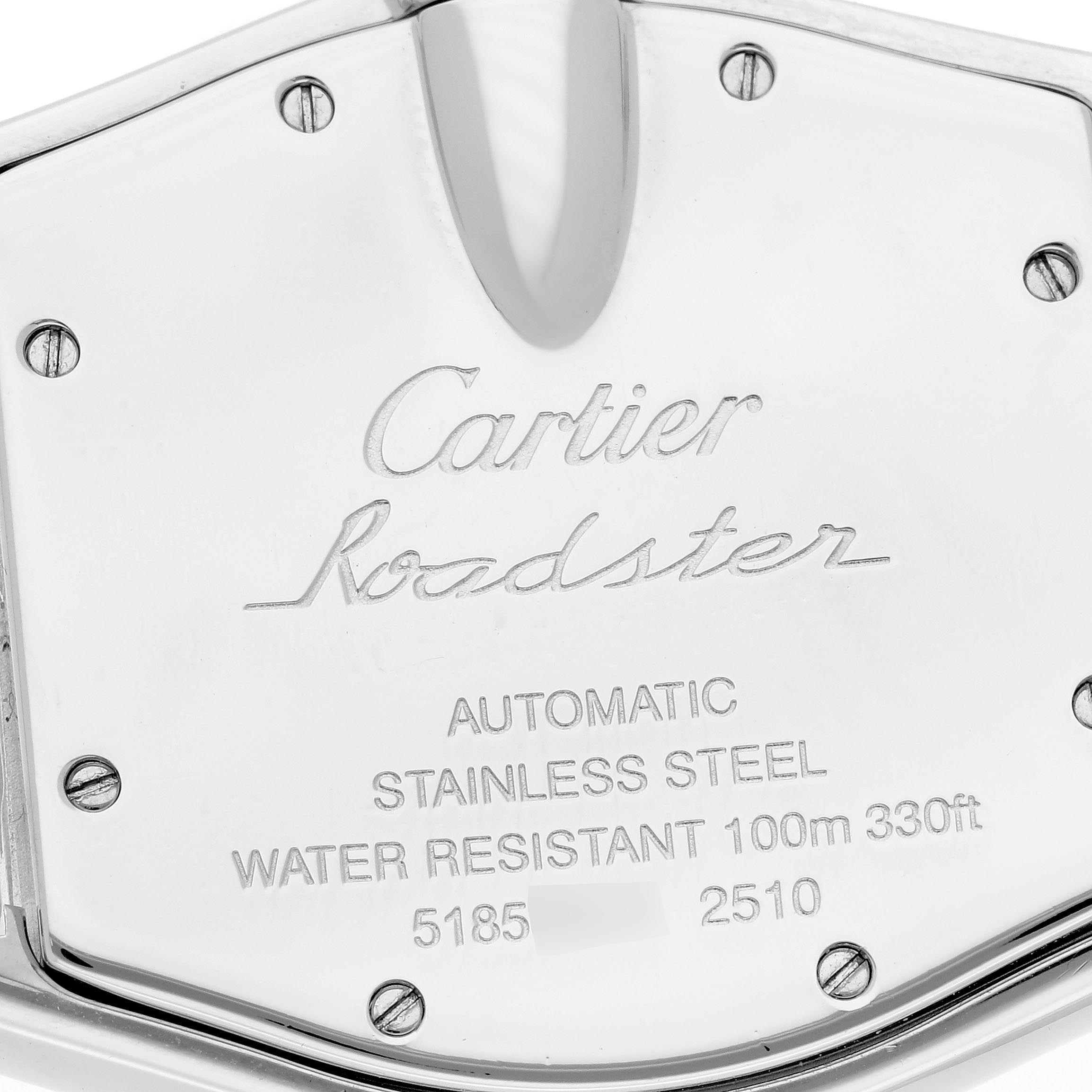 The image shows the back casing of a Cartier Roadster W62025V3 Men
s Stainless Steel Silver Dial W62025V3 Men
s Stainless Steel Silver Dial watch, highlighting its water resistance and material specifications.