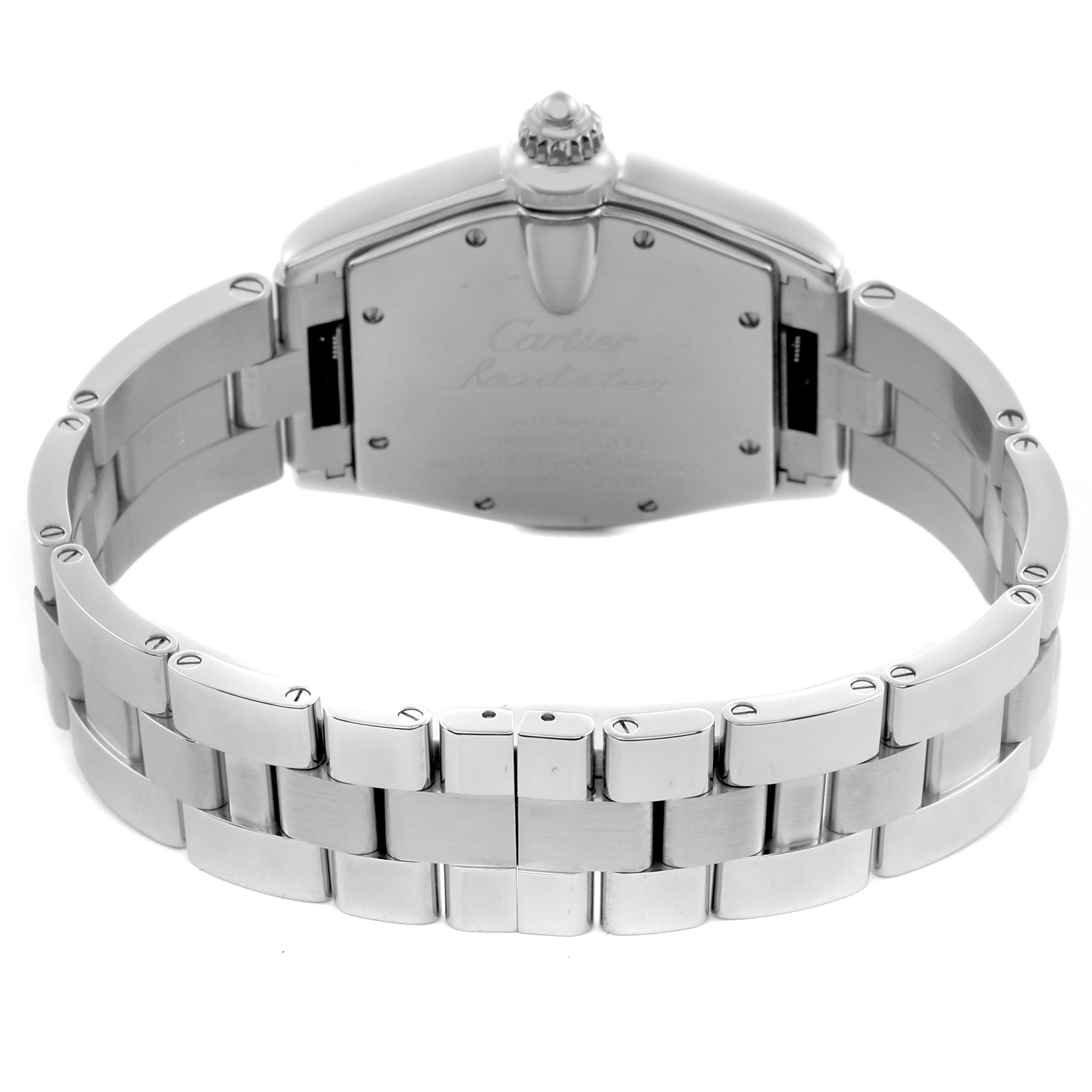 The image shows the back and bracelet of the Cartier Roadster W62025V3 Men
s Stainless Steel Silver Dial W62025V3 Men
s Stainless Steel Silver Dial watch, highlighting the clasp and case back.