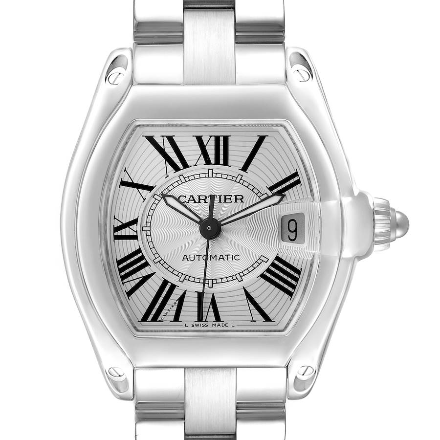 The Cartier Roadster watch is shown from the front, highlighting the case, dial, Roman numerals, and bracelet.