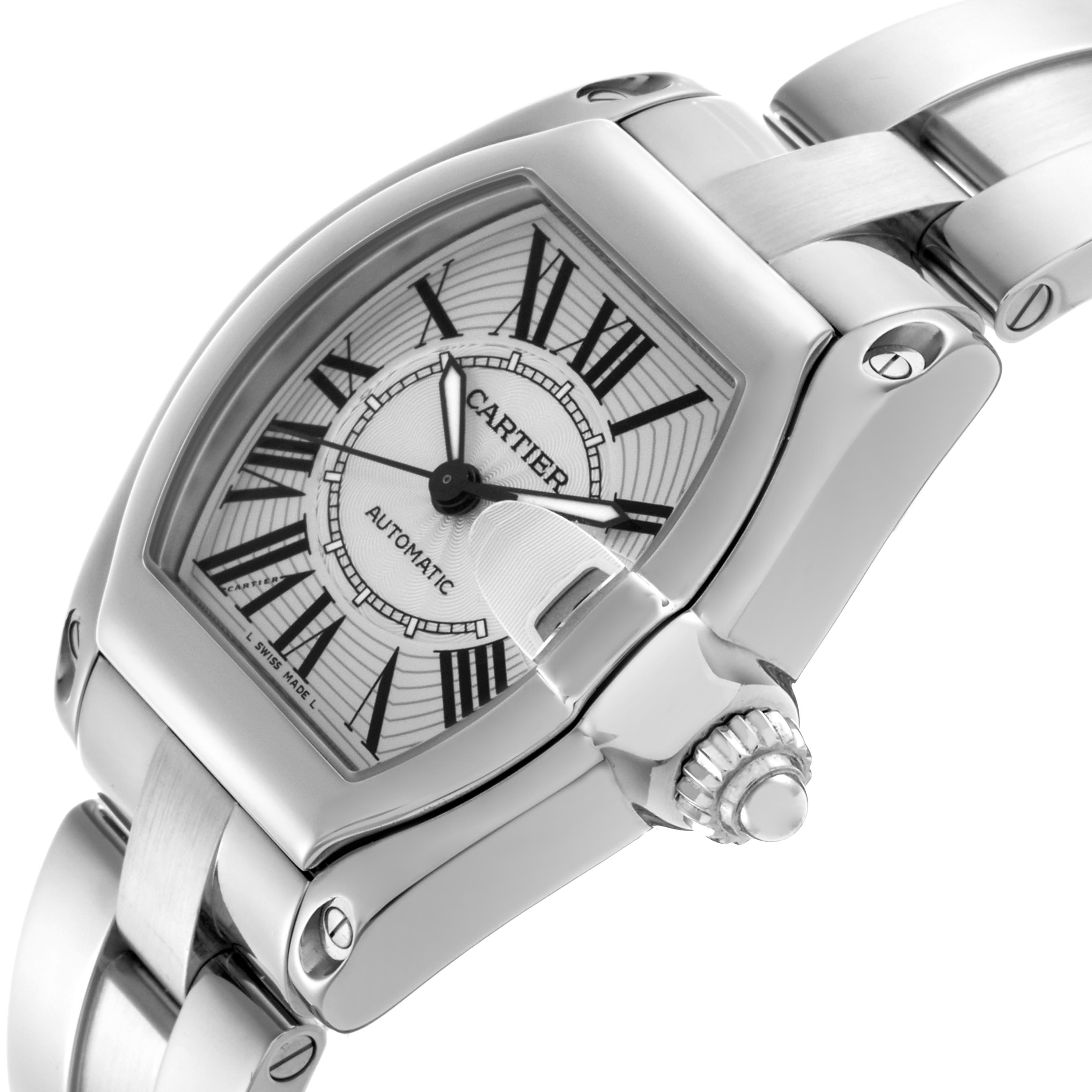 The Cartier Roadster W62025V3 Men
s Stainless Steel Silver Dial W62025V3 Men
s Stainless Steel Silver Dial watch is shown at an angle highlighting the face, crown, and part of the bracelet.