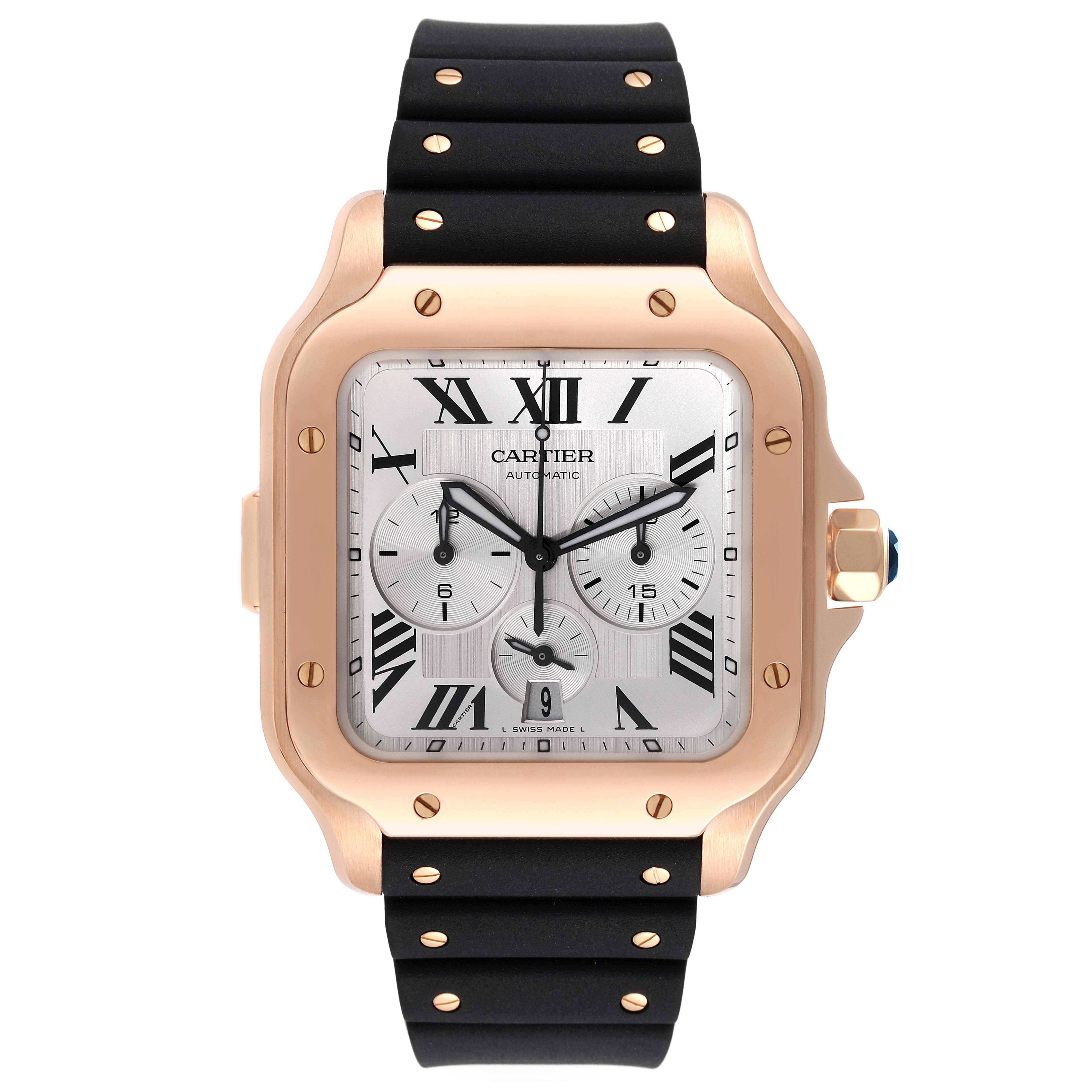 The image shows a Cartier Santos WGSA0017 Men's Rose Gold Silver Dial WGSA0017 Men's Rose Gold Silver Dial watch from a front angle, highlighting the dial, bezel, and strap.