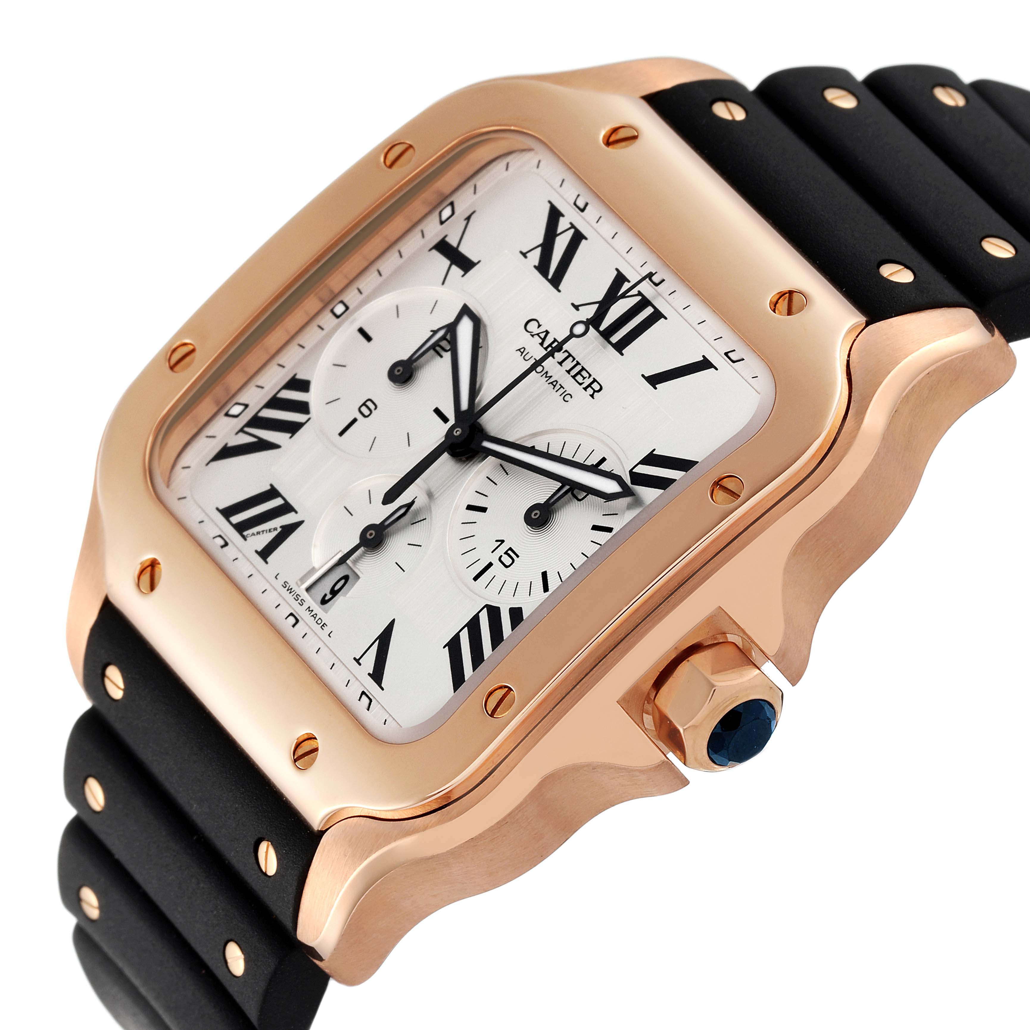 The image shows a Cartier Santos WGSA0017 Men's Rose Gold Silver Dial WGSA0017 Men's Rose Gold Silver Dial model watch close-up, highlighting its rose gold case, black strap, and face with Roman numerals.