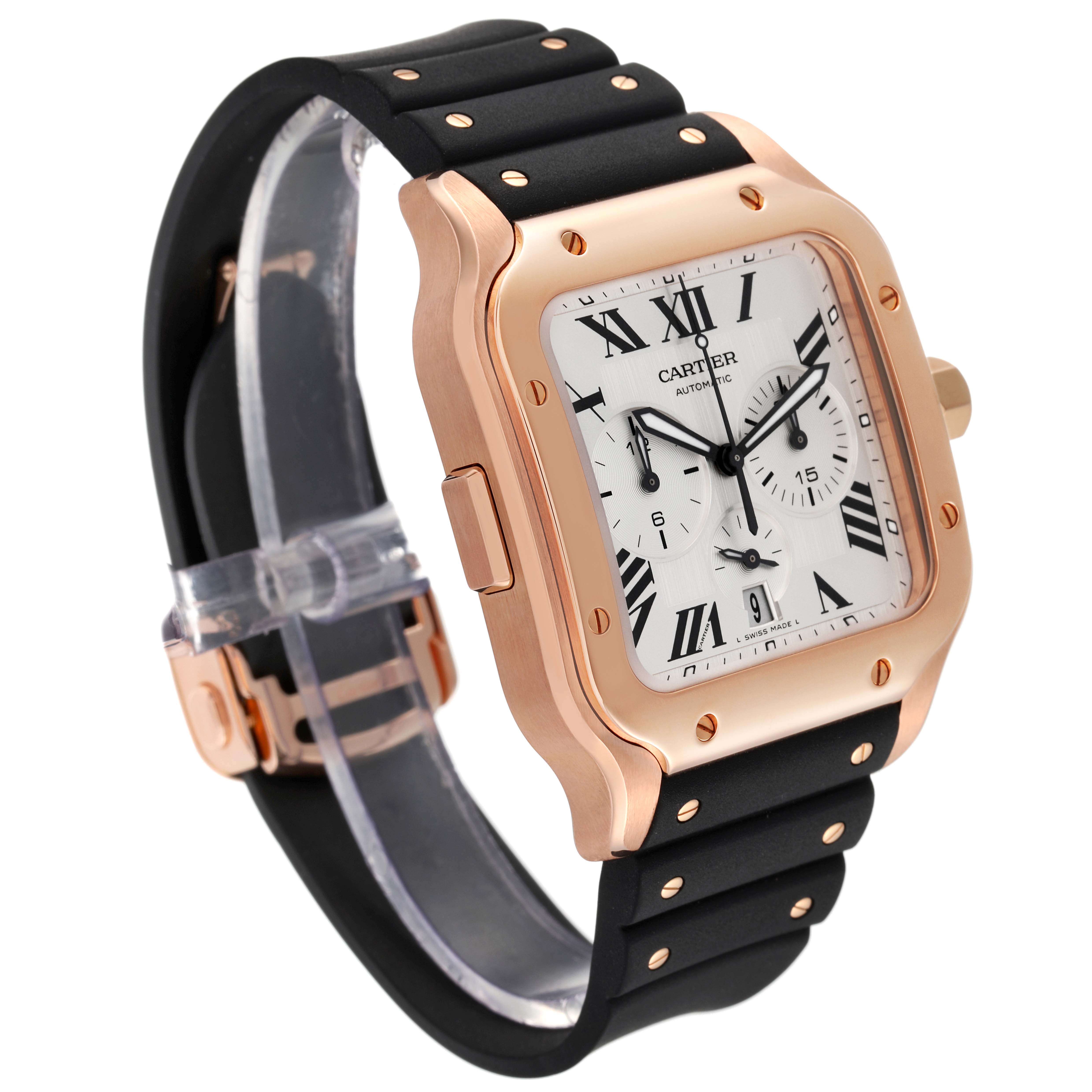 The image shows a side angle of a Cartier Santos WGSA0017 Men's Rose Gold Silver Dial WGSA0017 Men's Rose Gold Silver Dial watch, featuring its case, dial, crown, and black strap.