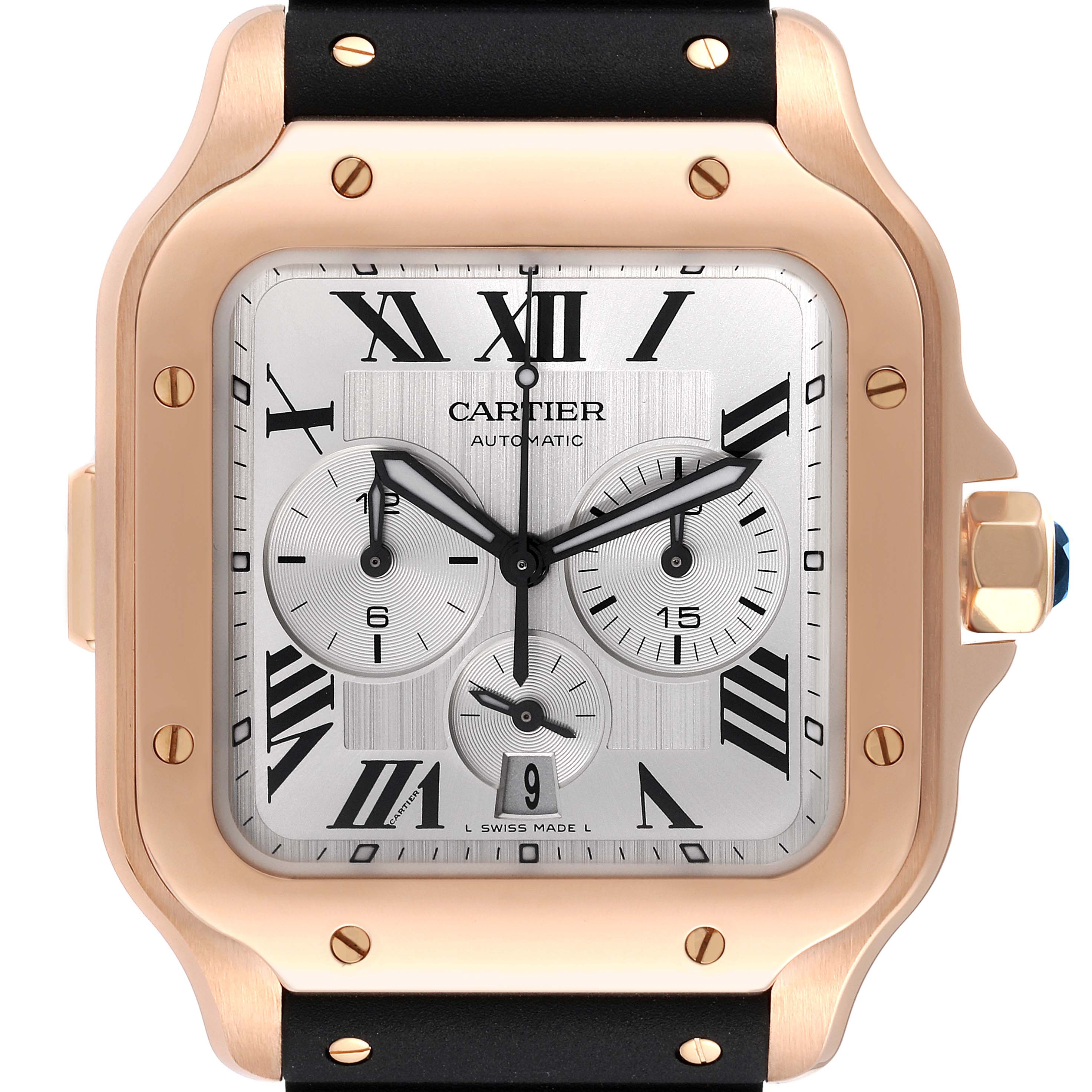 This image shows a frontal view of the Cartier Santos WGSA0017 Men's Rose Gold Silver Dial WGSA0017 Men's Rose Gold Silver Dial watch, highlighting the dial, hands, sub-dials, and bezel.