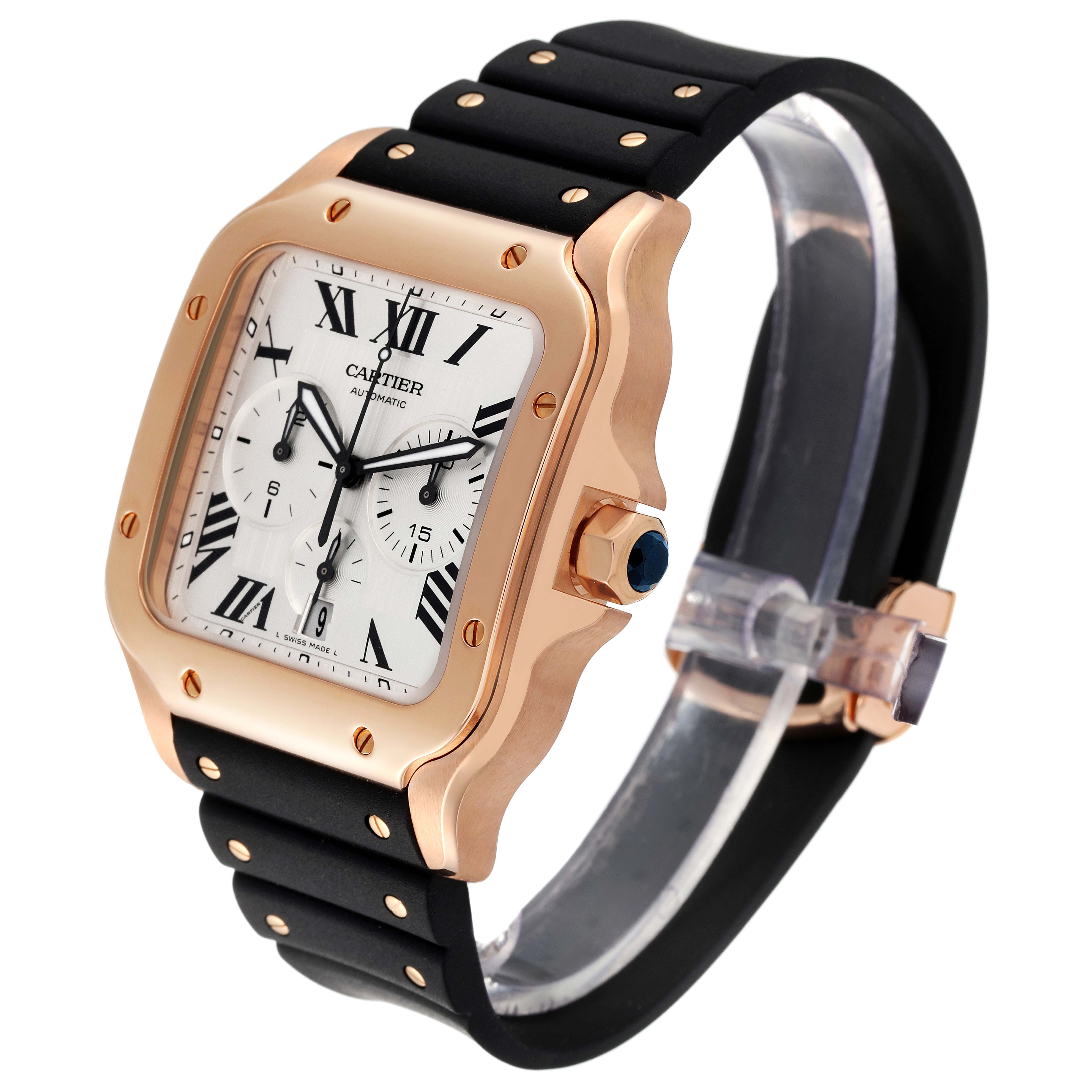 The image shows a Cartier Santos WGSA0017 Men's Rose Gold Silver Dial WGSA0017 Men's Rose Gold Silver Dial watch from a front angle, highlighting its face, bezel, crown, and strap.