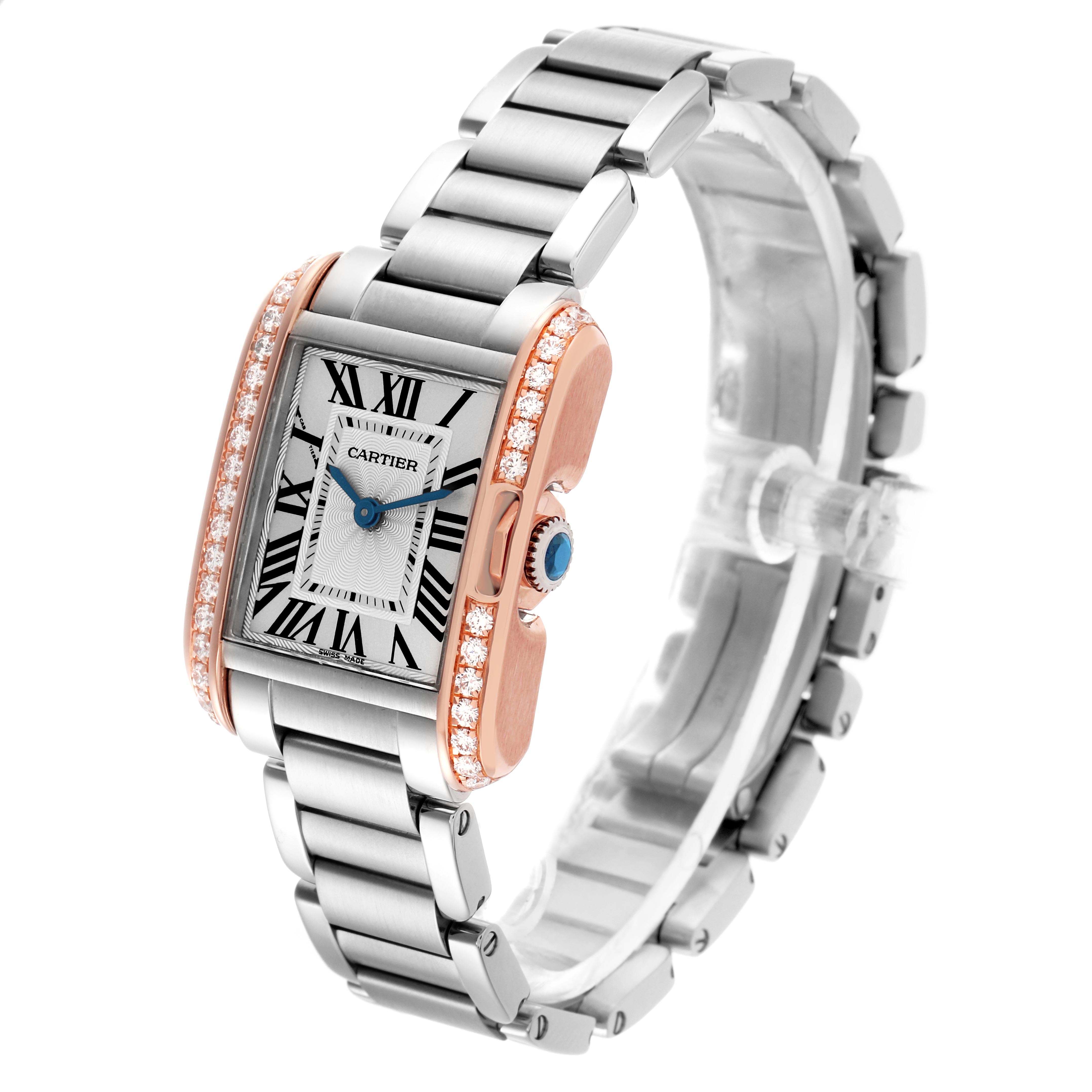 The Cartier Tank Anglaise W3TA0002 Women
s Steel and Gold (two tone) Silver Dial W3TA0002 Women
s Steel and Gold (two tone) Silver Dial watch is shown at an angle displaying the face, metal bracelet, and side view, highlighting the crown.