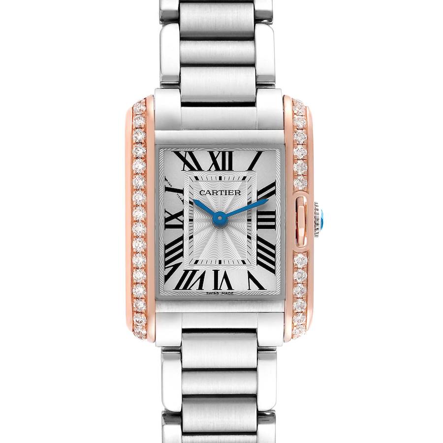 The Cartier Tank Anglaise watch is shown from a straight-on view, displaying its rectangular face, blue hands, and metal bracelet.