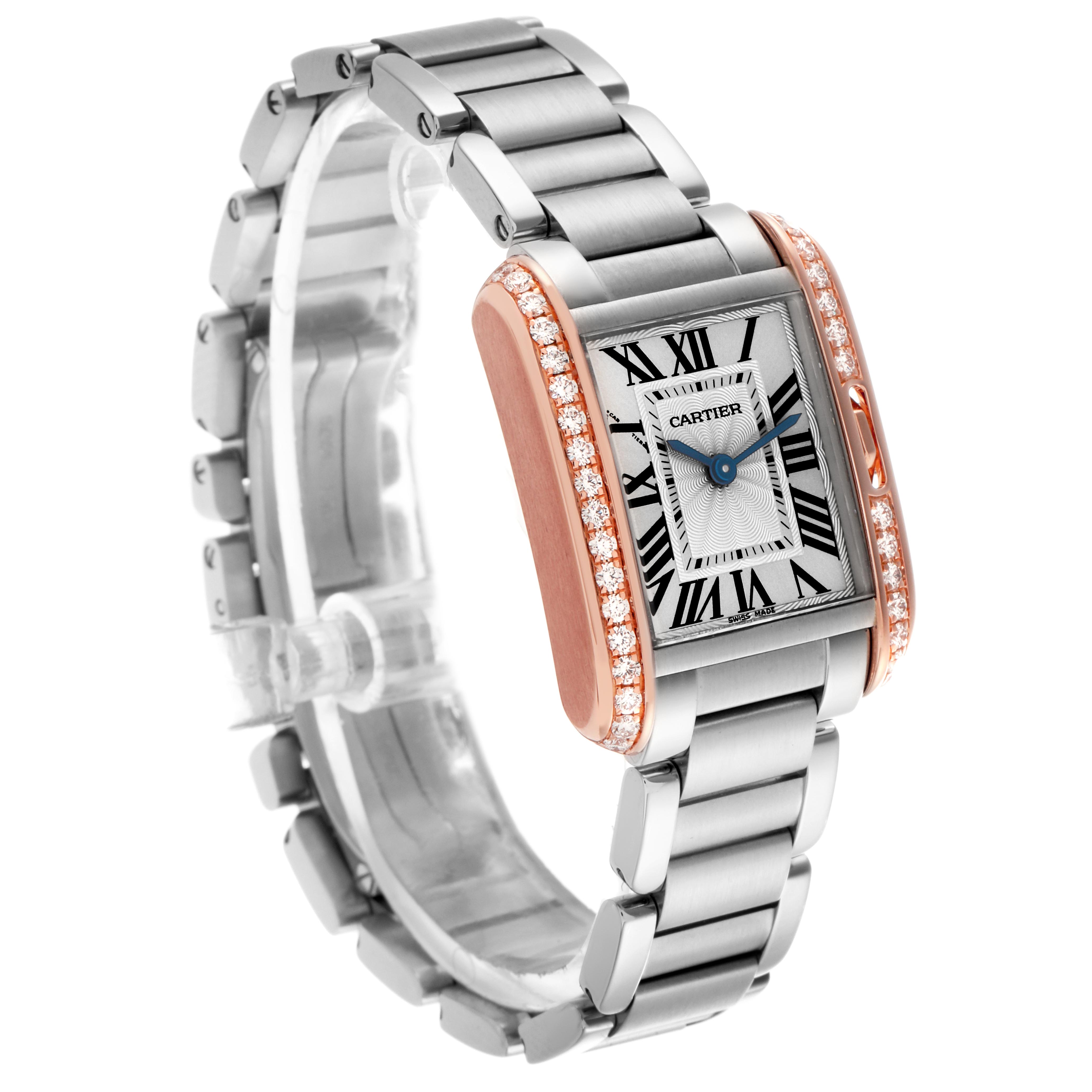 The Cartier Tank Anglaise W3TA0002 Women
s Steel and Gold (two tone) Silver Dial W3TA0002 Women
s Steel and Gold (two tone) Silver Dial watch is shown at a three-quarter angle, highlighting its face, bracelet, and diamond-set sides.