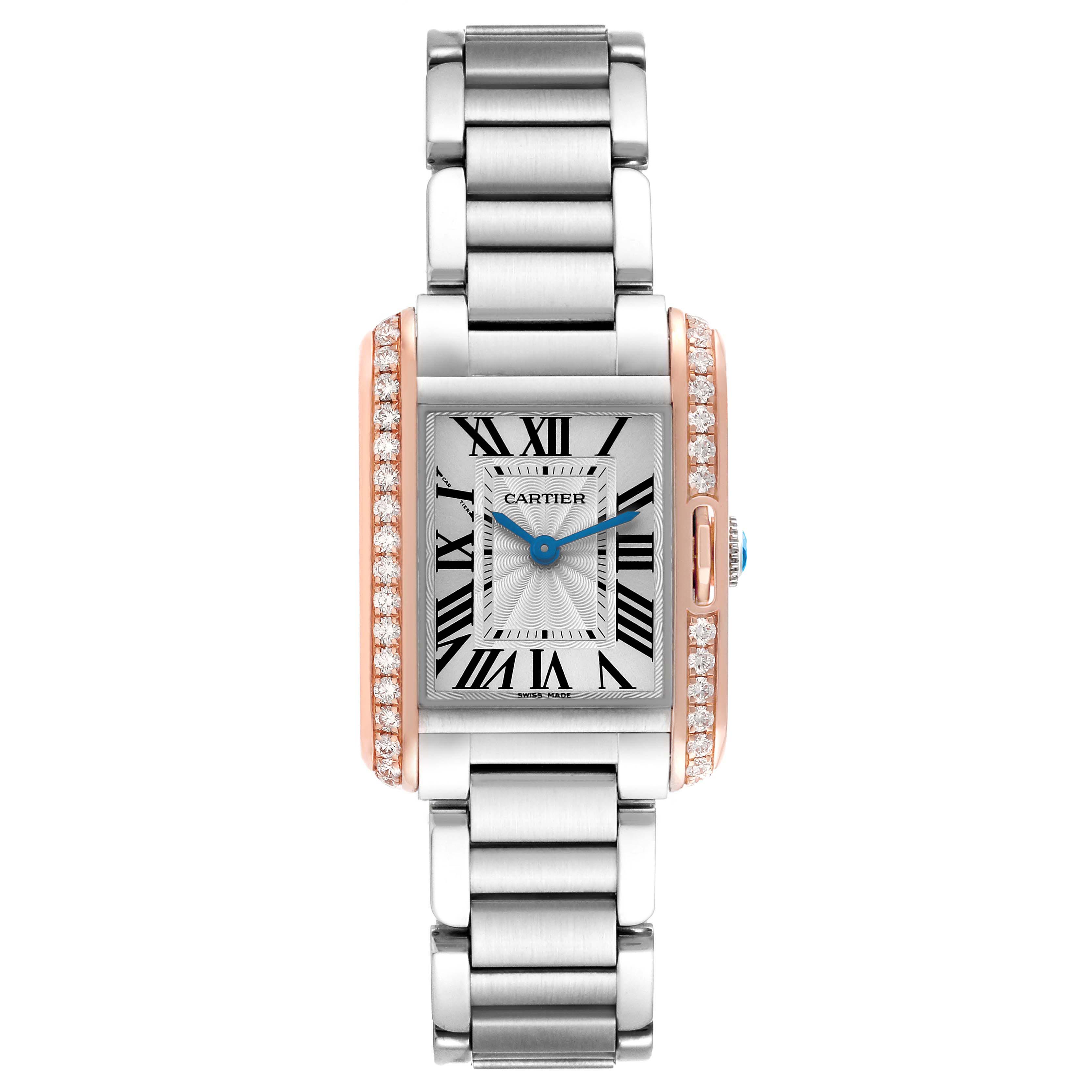 The Cartier Tank Anglaise W3TA0002 Women
s Steel and Gold (two tone) Silver Dial W3TA0002 Women
s Steel and Gold (two tone) Silver Dial watch is shown from the front, highlighting its rectangular face, bracelet, and diamond accents.