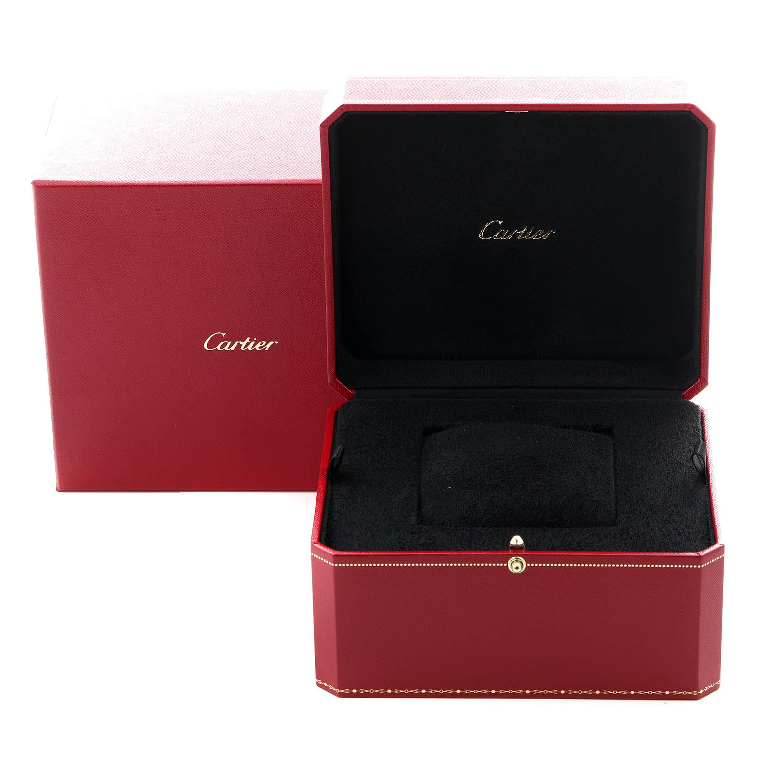 The image shows a Cartier watch box for the Tank Anglaise model, with both outer and inner packaging visible from a front angle.