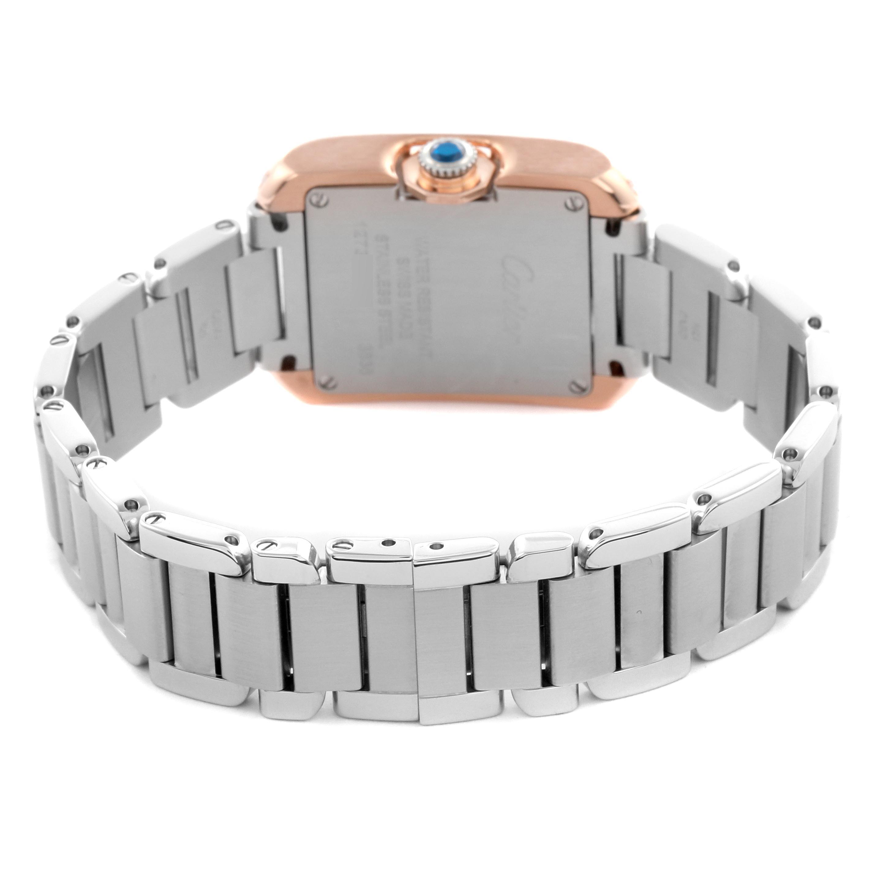 The image shows the back view of a Cartier Tank Anglaise W3TA0002 Women
s Steel and Gold (two tone) Silver Dial W3TA0002 Women
s Steel and Gold (two tone) Silver Dial watch, highlighting the stainless steel bracelet and case back.