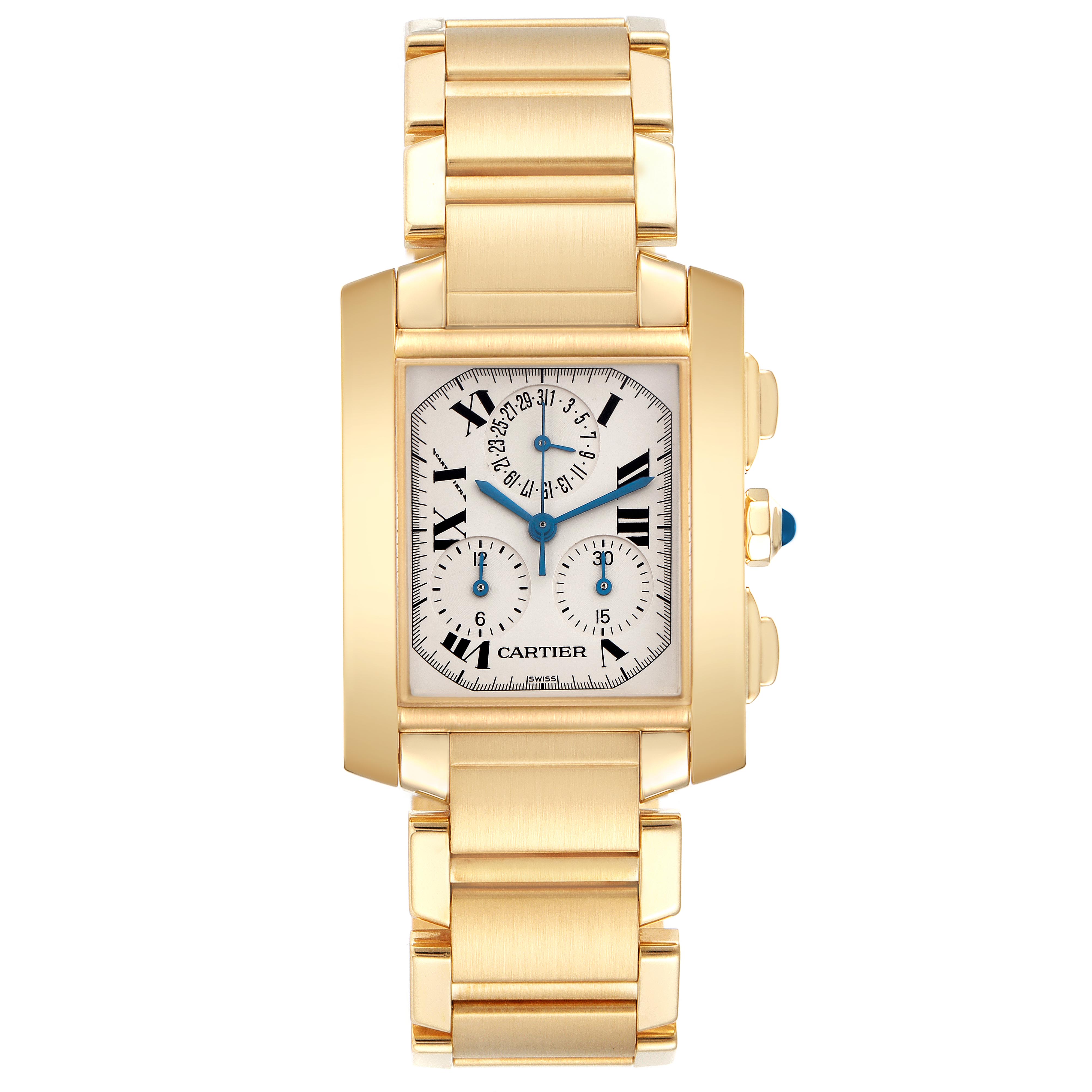 The Cartier Tank Francaise W50005R2 Men
s Yellow Gold Silver Dial W50005R2 Men
s Yellow Gold Silver Dial is shown from a top angle, displaying the gold bracelet, white dial with Roman numerals, and blue hands.