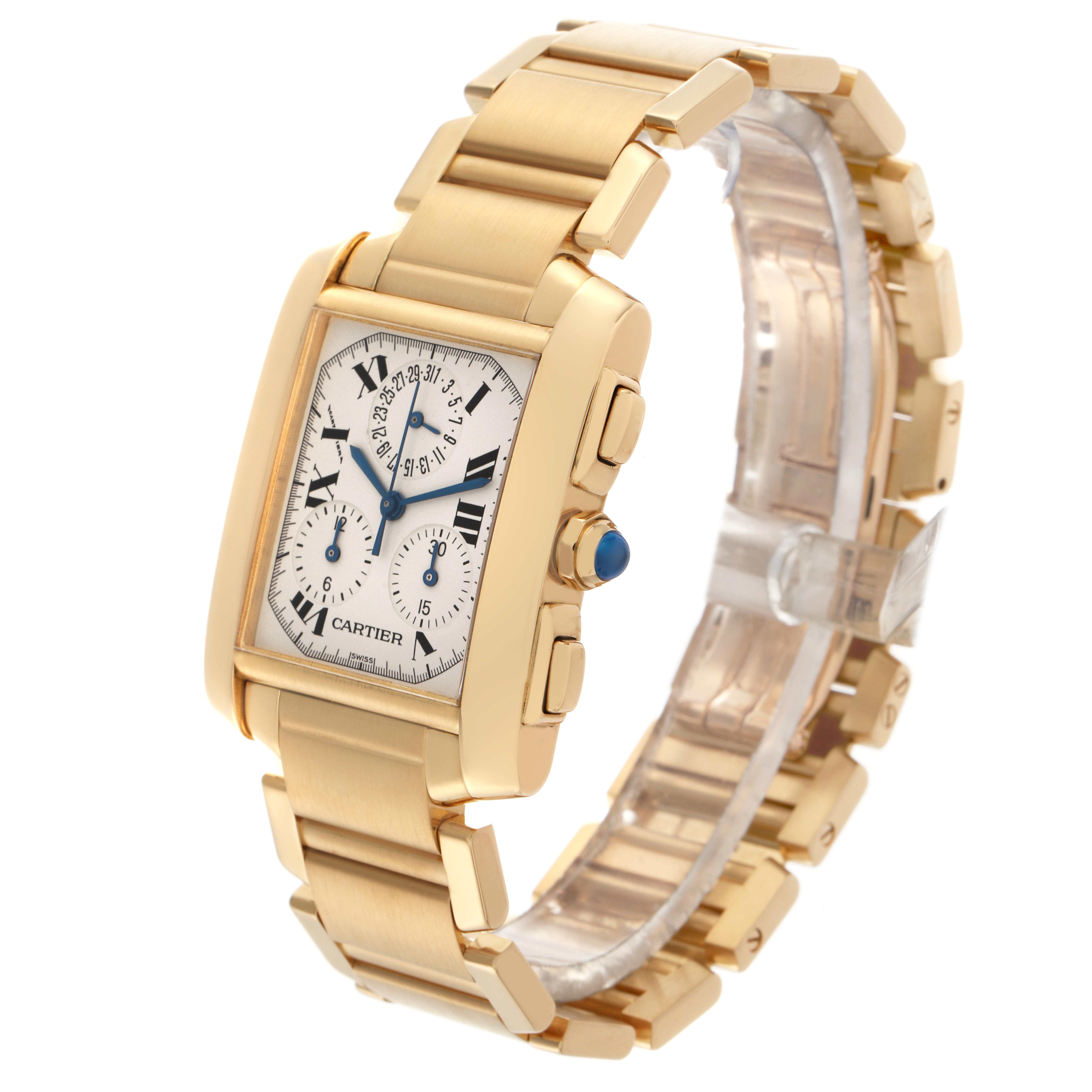 The Cartier Tank Française watch is shown at a three-quarter angle, highlighting its gold case, bracelet, dial, and crown.