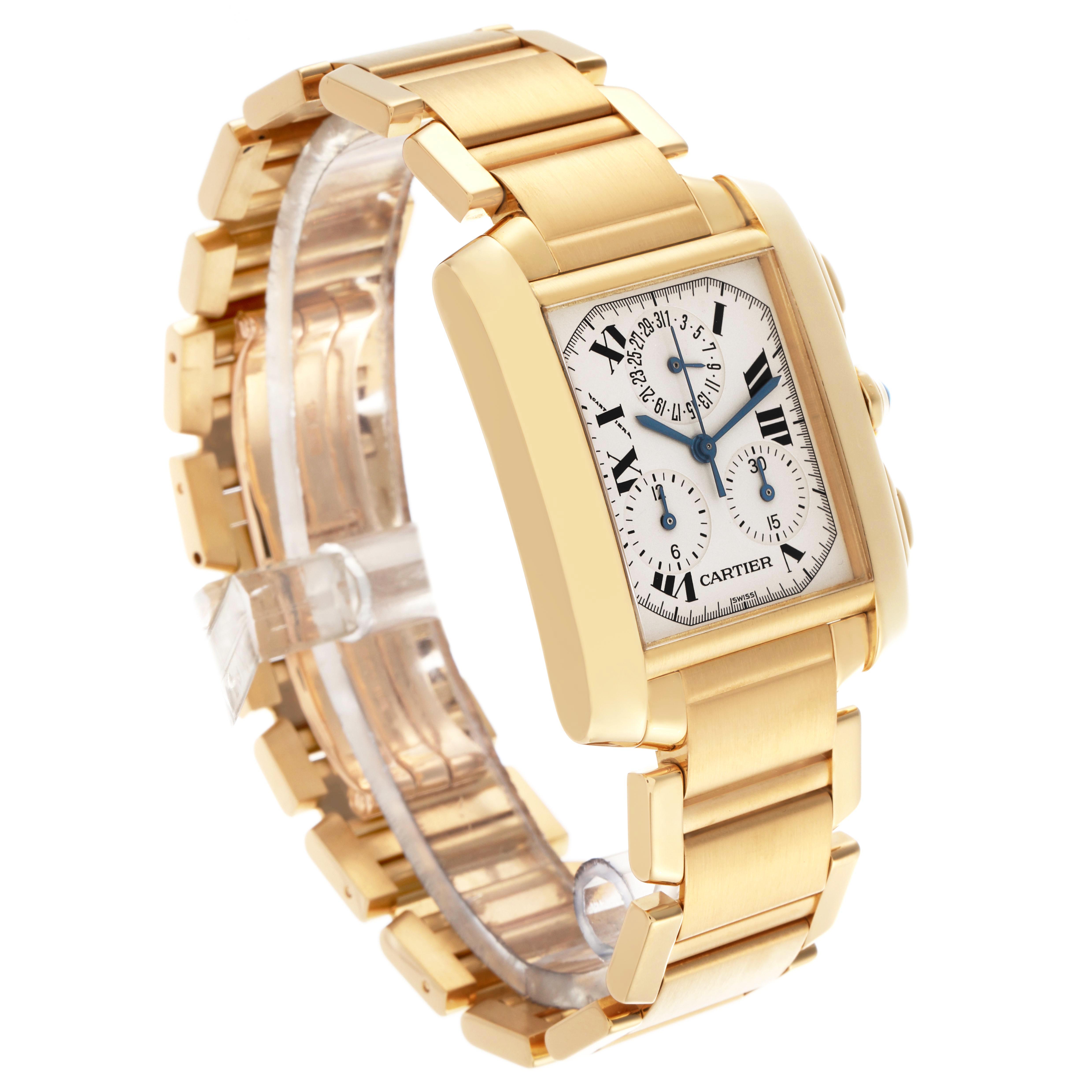 The Cartier Tank Francaise W50005R2 Men
s Yellow Gold Silver Dial W50005R2 Men
s Yellow Gold Silver Dial watch is shown at a three-quarter angle, displaying the face, side buttons, and bracelet.