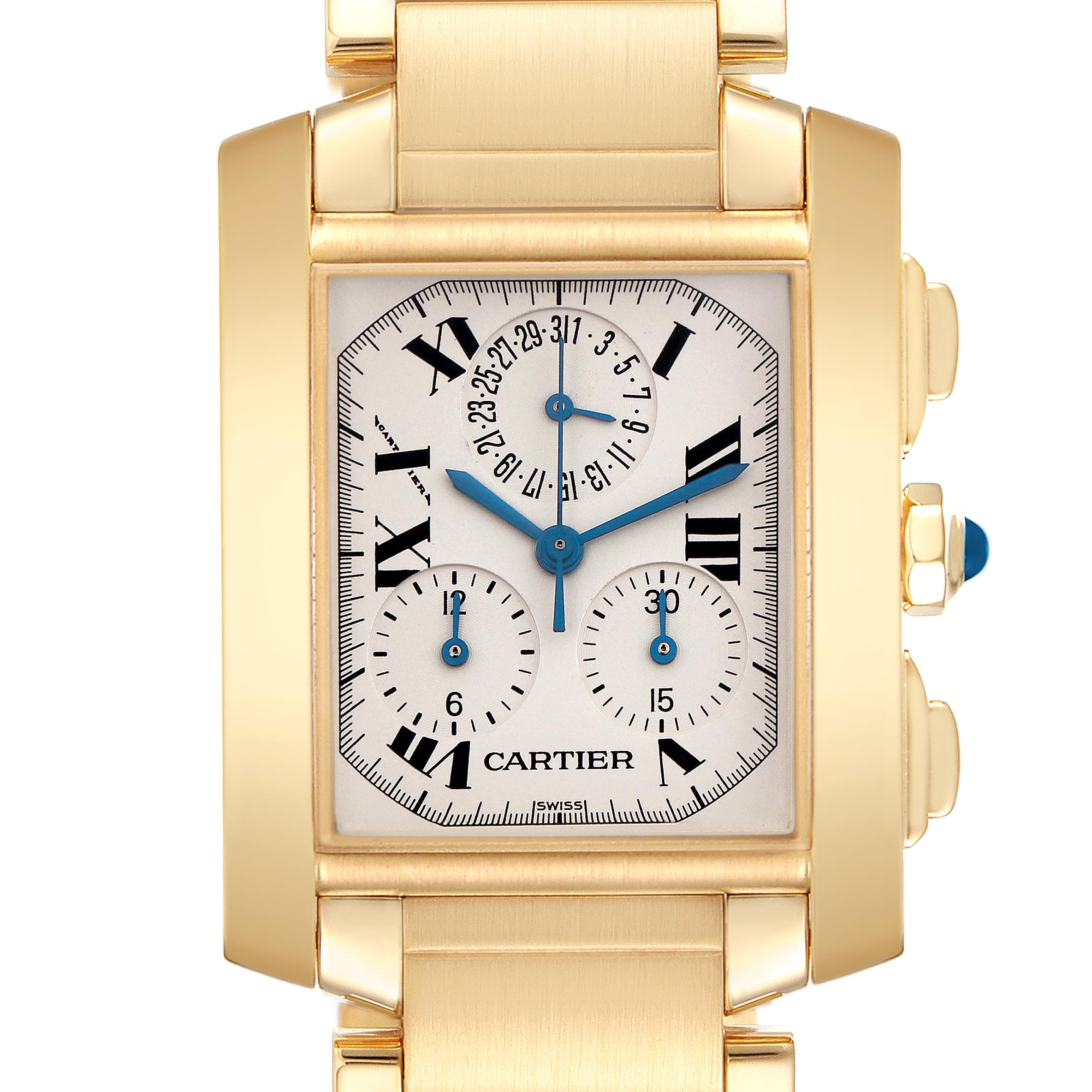 The Cartier Tank Française watch is shown from the front, highlighting its gold case, dial, subdials, and blue hands.