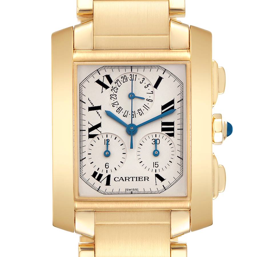 The Cartier Tank Française watch is shown from the front, highlighting its gold case, dial, subdials, and blue hands.