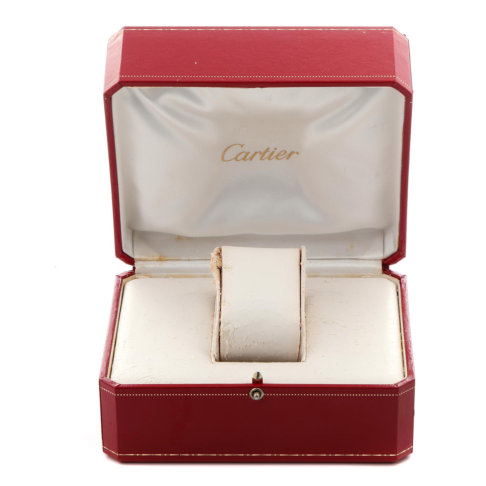 The image shows an empty Cartier Tank Francaise W50005R2 Men
s Yellow Gold Silver Dial W50005R2 Men
s Yellow Gold Silver Dial watch box, viewed from the front.