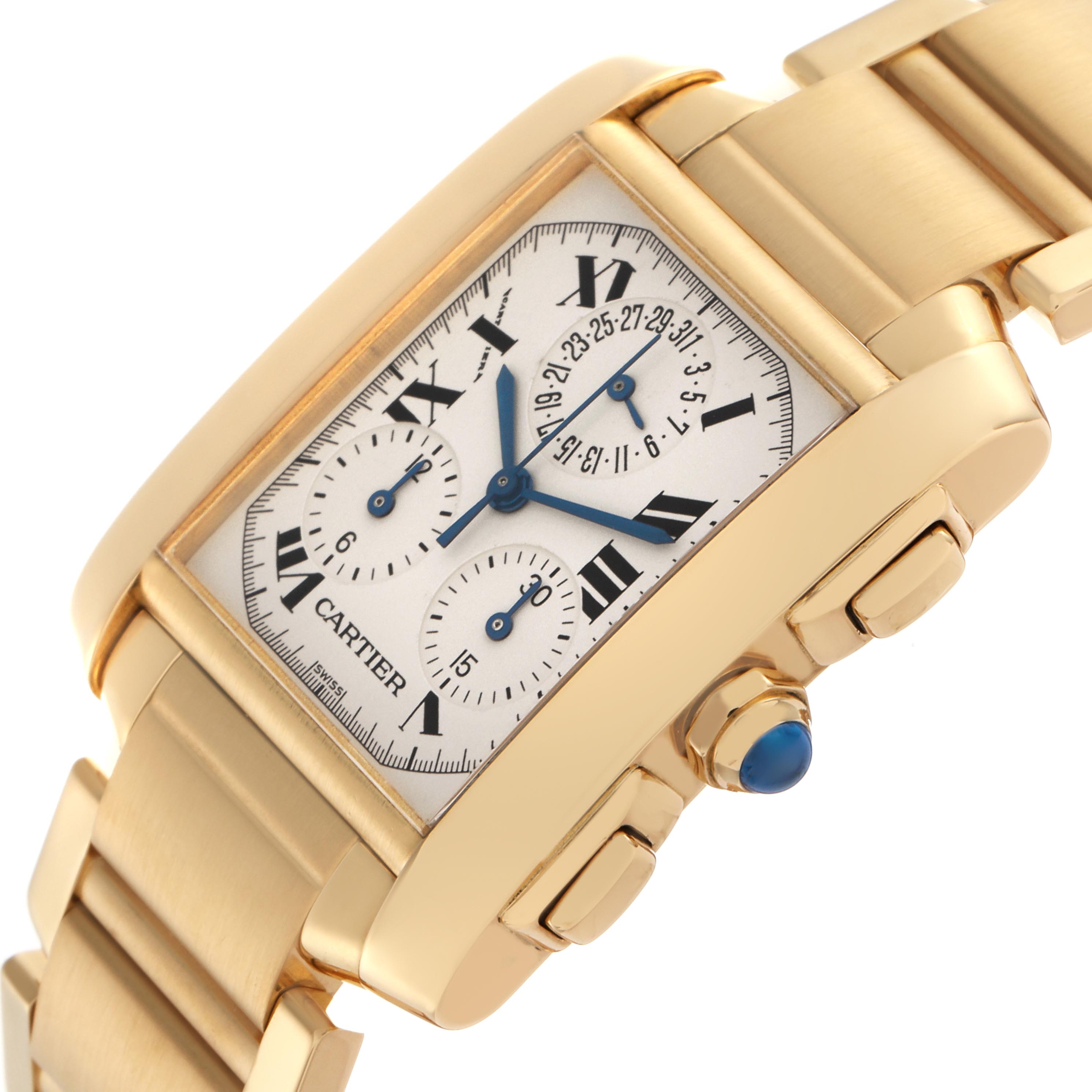 The Cartier Tank Française watch is shown at an angled side view, highlighting the gold case, bracelet, dial, and crown details.