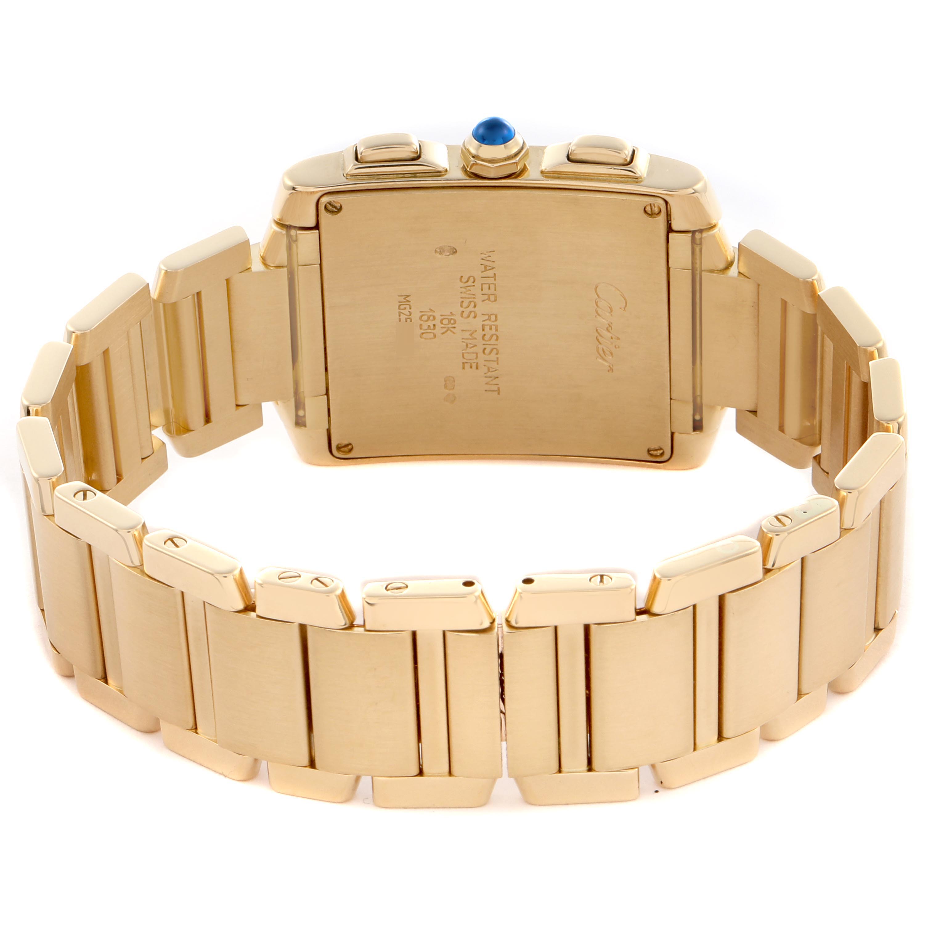 The image shows the back of the Cartier Tank Française watch, highlighting the clasp and bracelet details.