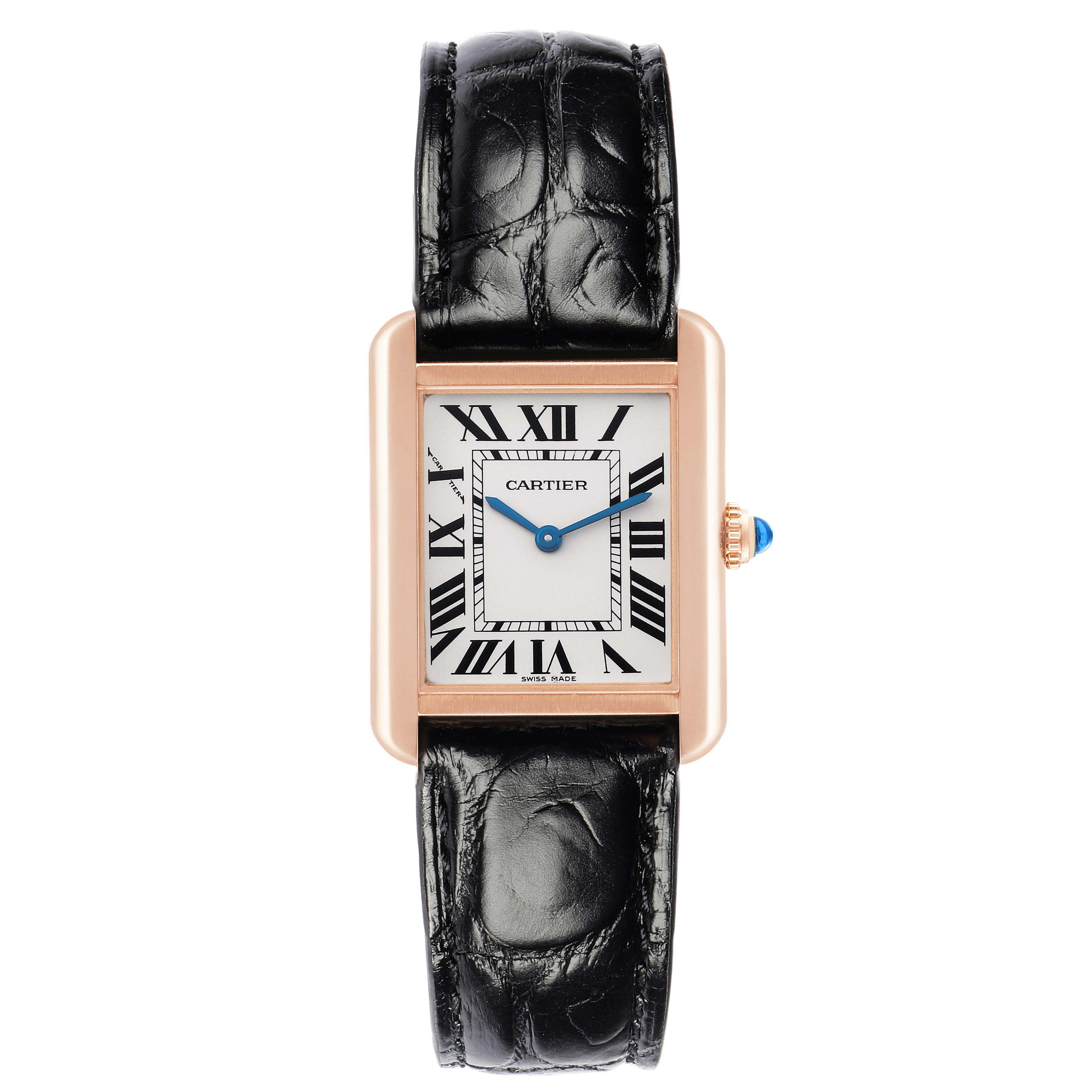 The Cartier Tank Solo W5200024 Women's Rose Gold Silver Dial watch is shown from a direct front angle, displaying its rectangular dial, Roman numerals, and leather strap.