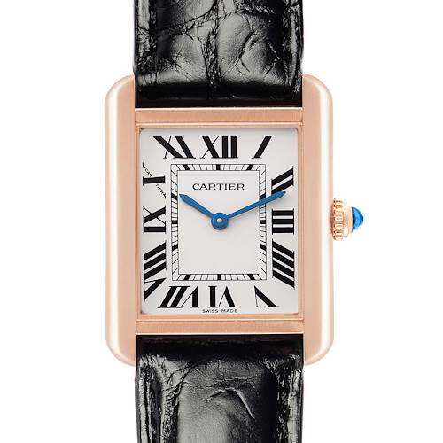 The image shows a front view of the Cartier Tank Solo W5200024 Women's Rose Gold Silver Dial watch, highlighting its rectangular face, Roman numerals, and black strap.