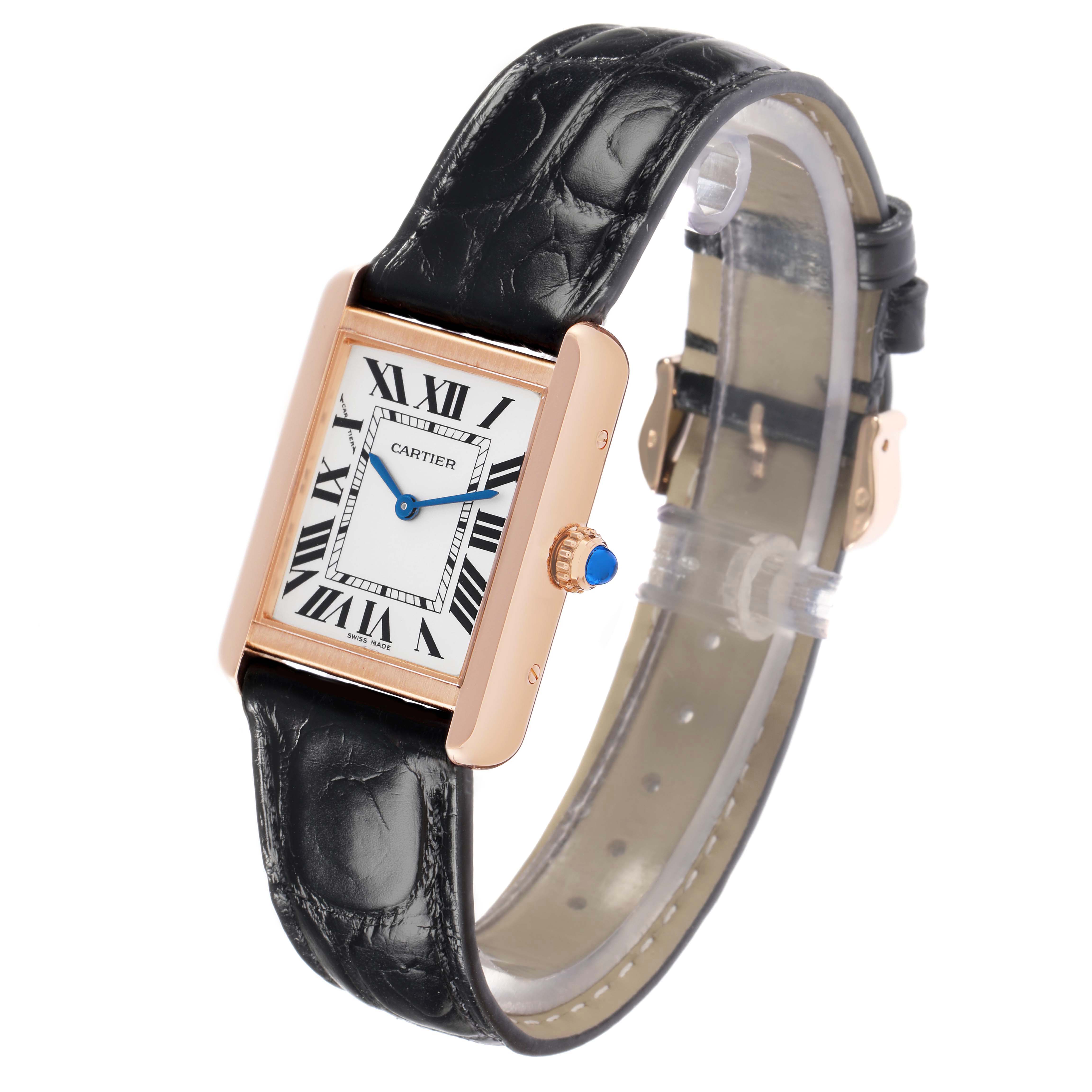 The Cartier Tank Solo W5200024 Women's Rose Gold Silver Dial watch is shown at a 3/4 angle highlighting the face, crown, and leather strap.