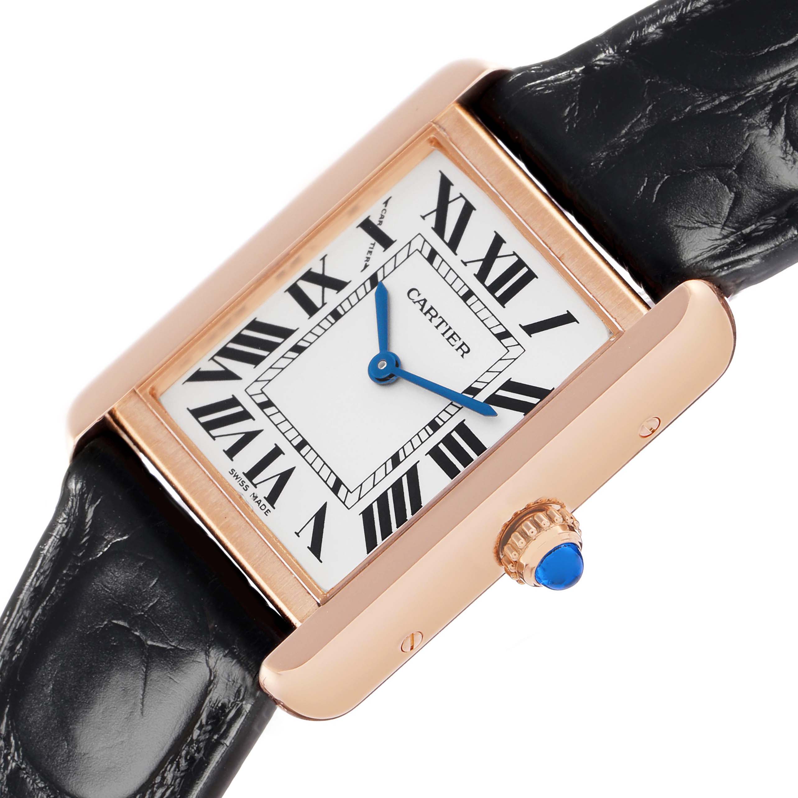 The Cartier Tank Solo W5200024 Women's Rose Gold Silver Dial watch is shown from a close-up angle, highlighting the dial, case, and crown with a cabochon.