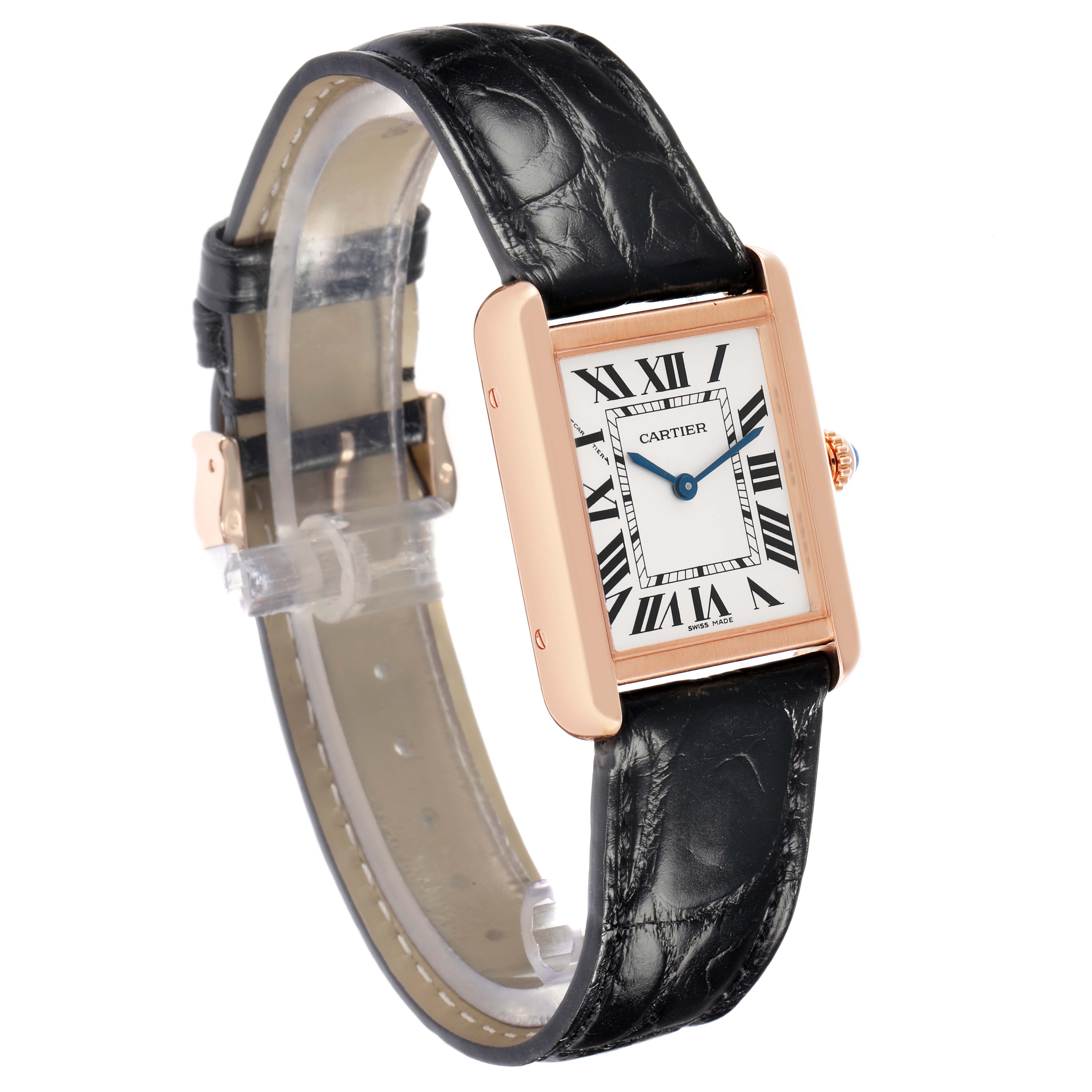 The Cartier Tank Solo W5200024 Women's Rose Gold Silver Dial watch is shown at an angled side view, highlighting the rectangular face, Roman numerals, and black leather strap.