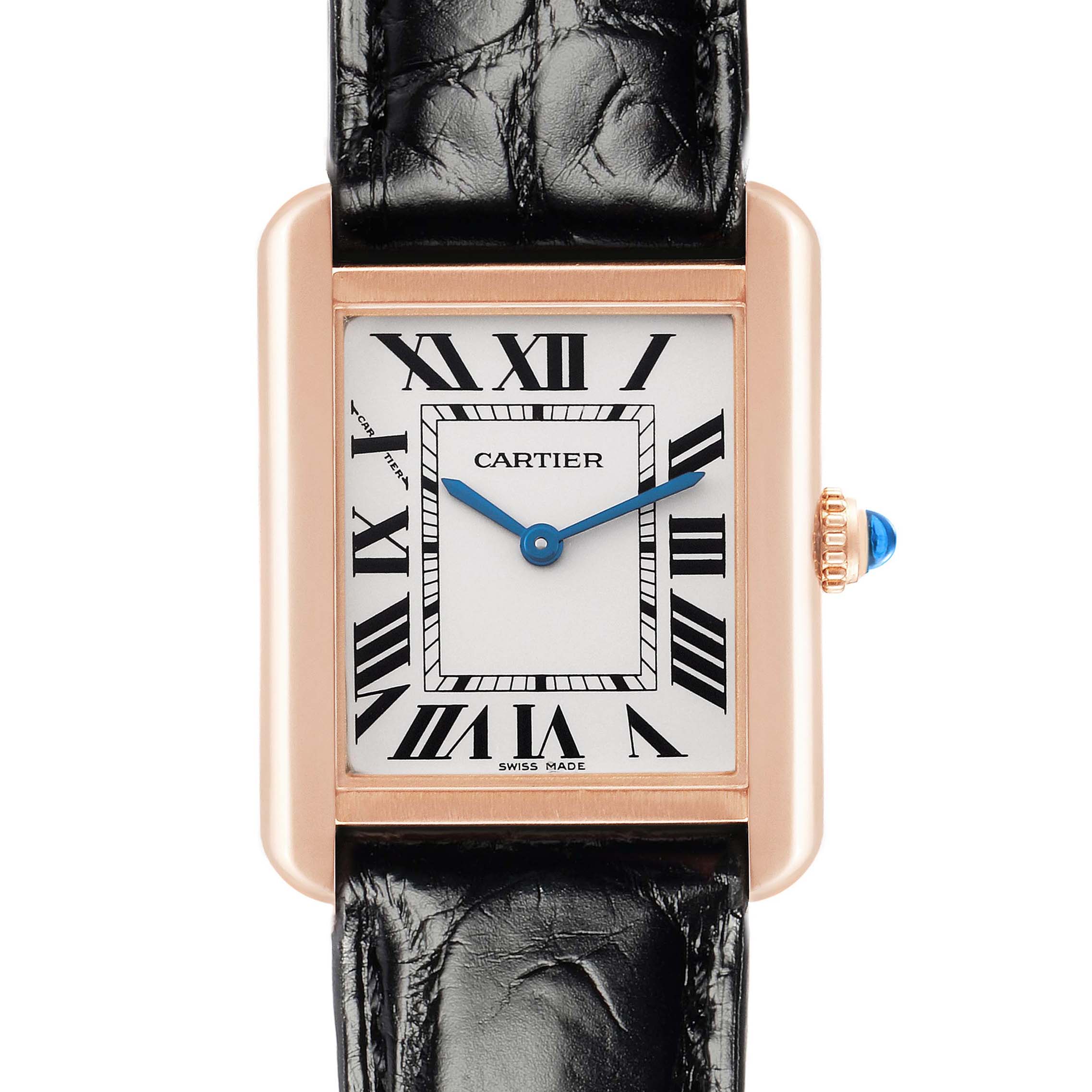 The Cartier Tank Solo W5200024 Women's Rose Gold Silver Dial watch is shown from the front, displaying the rectangular dial, Roman numerals, and leather strap.