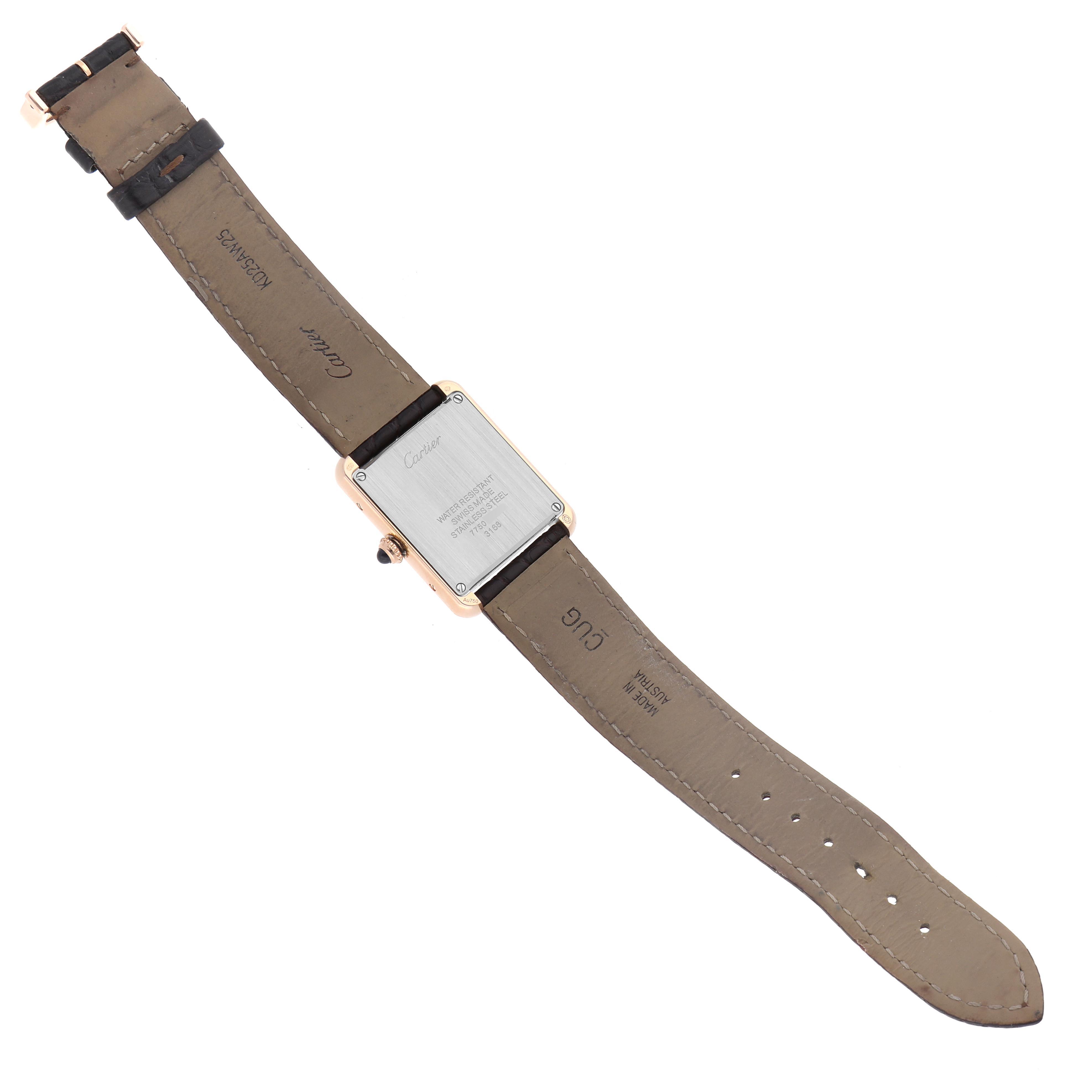 The Cartier Tank Solo W5200024 Women
s Steel and Gold (two tone) Silver Dial W5200024 Women
s Steel and Gold (two tone) Silver Dial watch is shown from the back, displaying the case back, strap, and buckle.