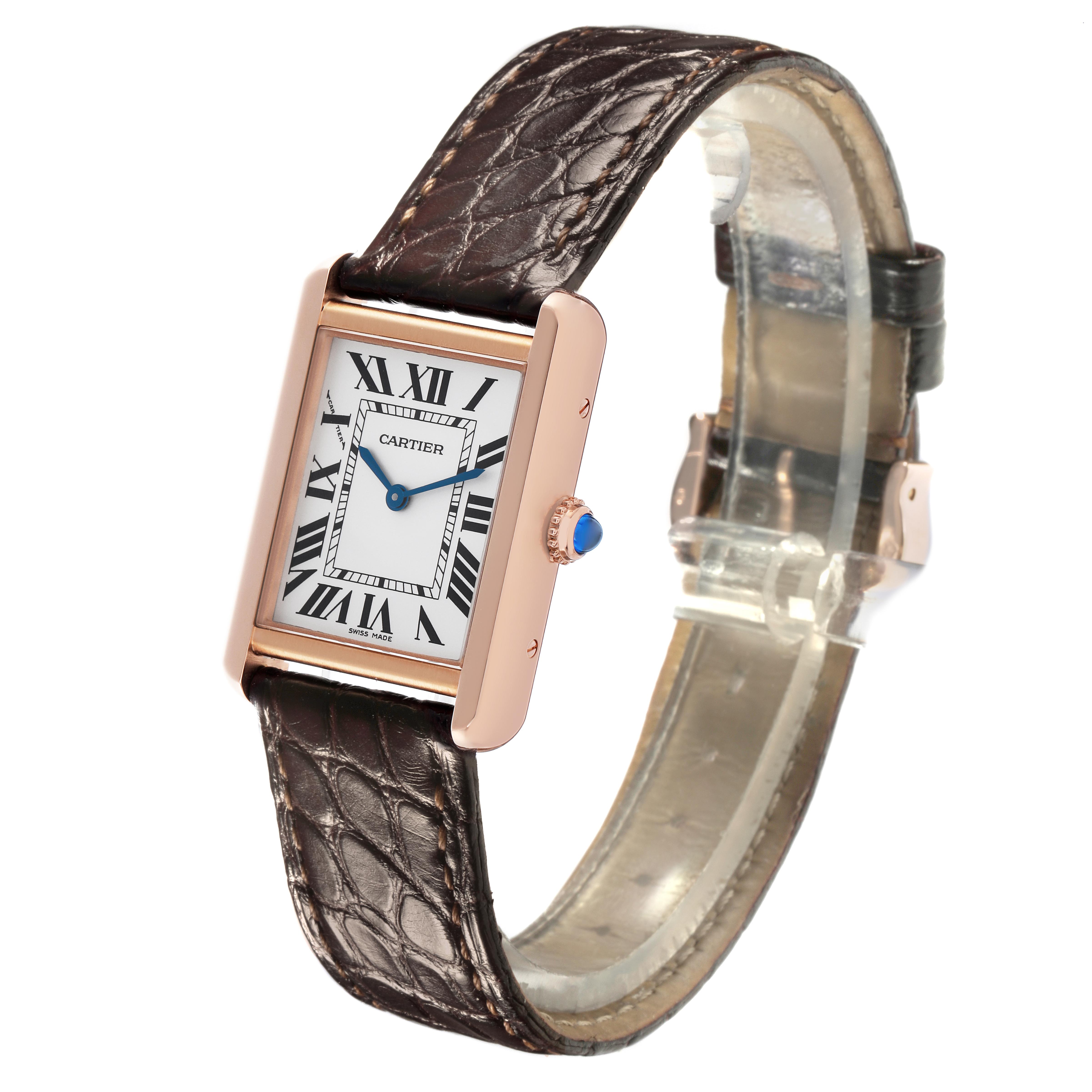 The Cartier Tank Solo W5200024 Women
s Steel and Gold (two tone) Silver Dial W5200024 Women
s Steel and Gold (two tone) Silver Dial watch is shown at a three-quarter angle, highlighting the rectangular face, leather strap, and crown.
