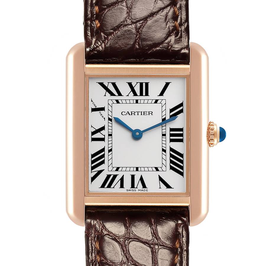 The Cartier Tank Solo watch is shown from the front, highlighting its rectangular face, Roman numerals, blue hands, and leather strap.