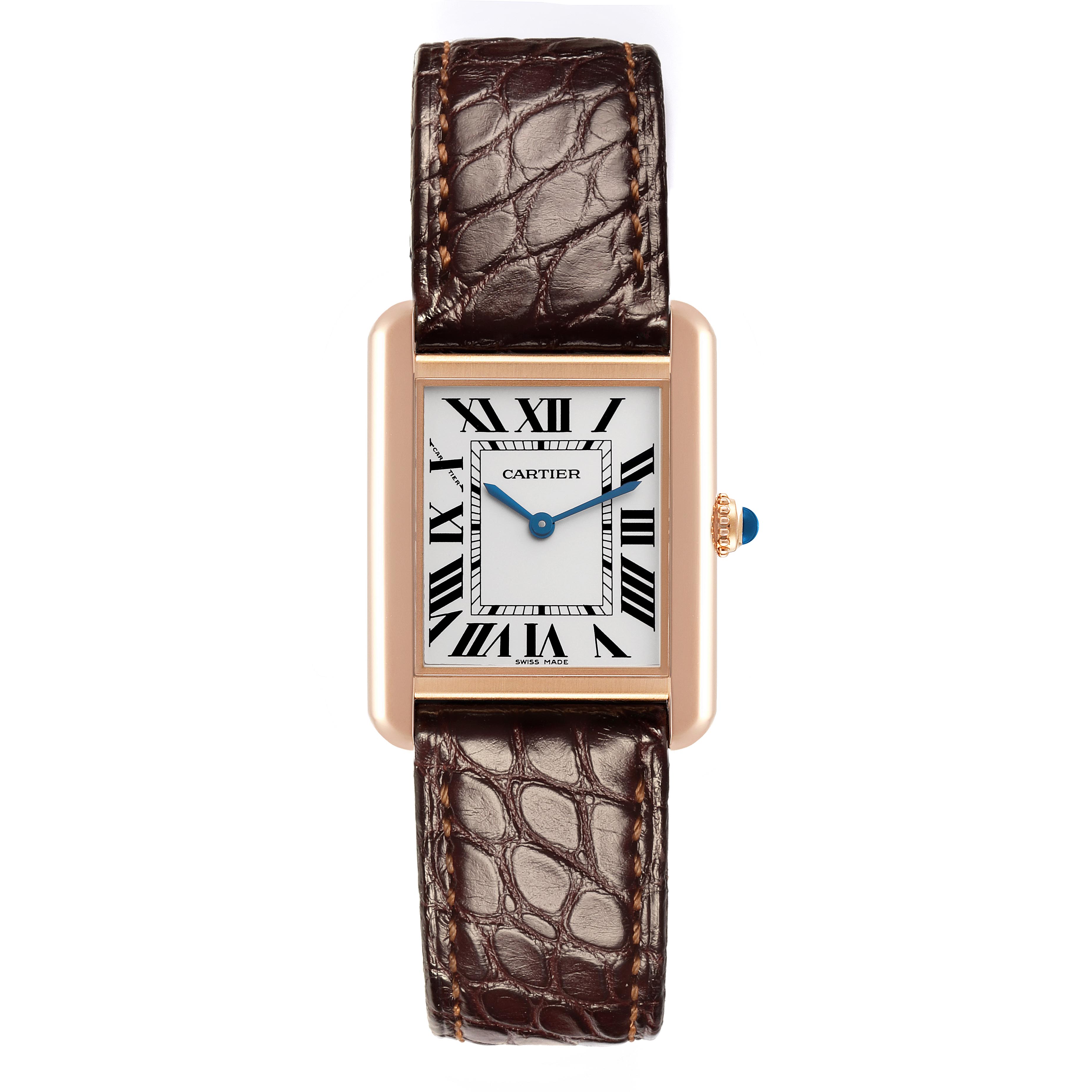 The Cartier Tank Solo W5200024 Women
s Steel and Gold (two tone) Silver Dial W5200024 Women
s Steel and Gold (two tone) Silver Dial watch is shown from a top view, highlighting its rectangular case, Roman numeral dial, and leather strap.