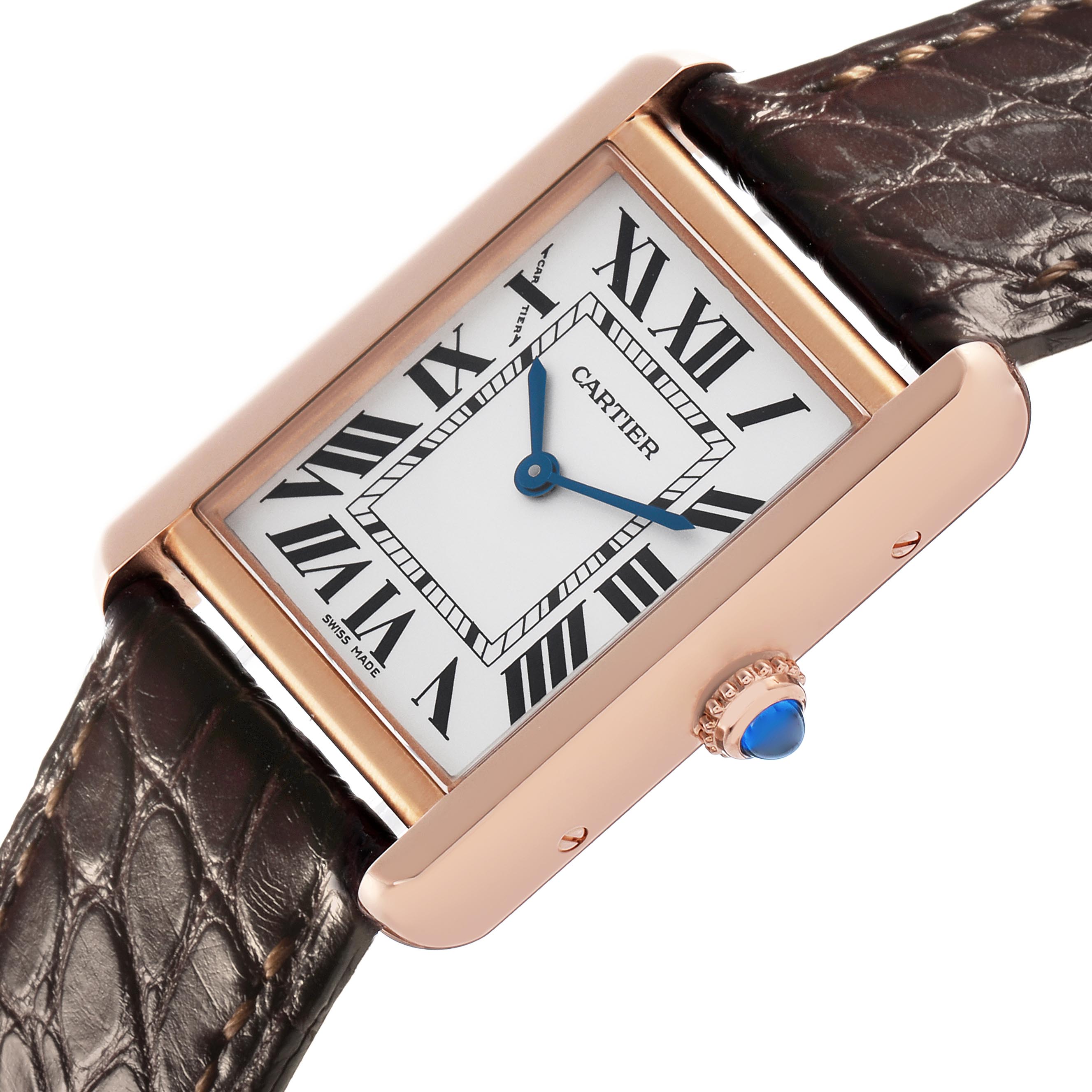 The Cartier Tank Solo W5200024 Women
s Steel and Gold (two tone) Silver Dial W5200024 Women
s Steel and Gold (two tone) Silver Dial watch is shown at an angled three-quarter view, displaying the face, crown, and leather strap.