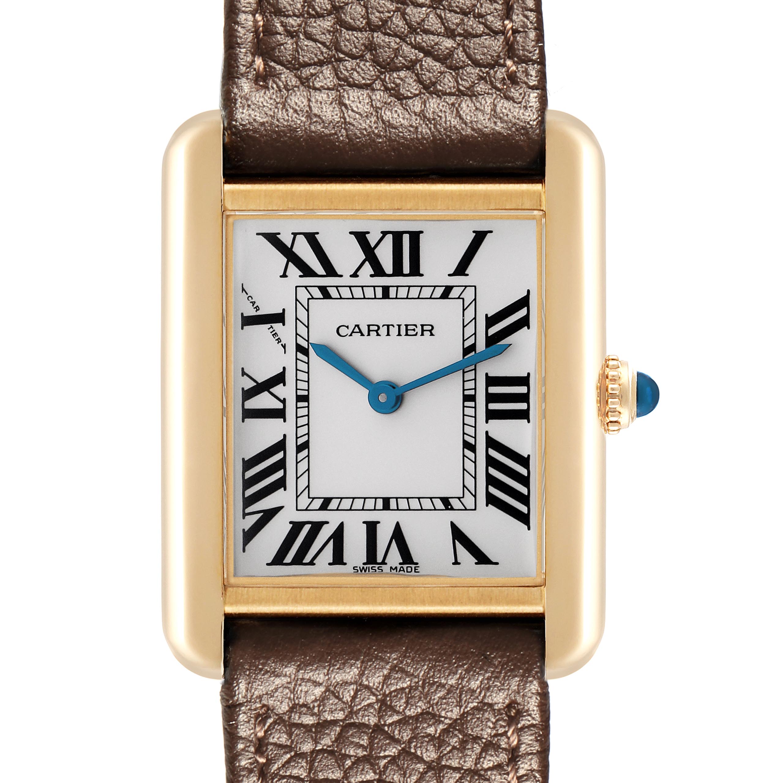 The Cartier Tank Solo W1018755 Women
s Steel and Gold (two tone) Silver Dial W1018755 Women
s Steel and Gold (two tone) Silver Dial watch is shown from a top view, highlighting the face, Roman numerals, gold casing, and leather strap.