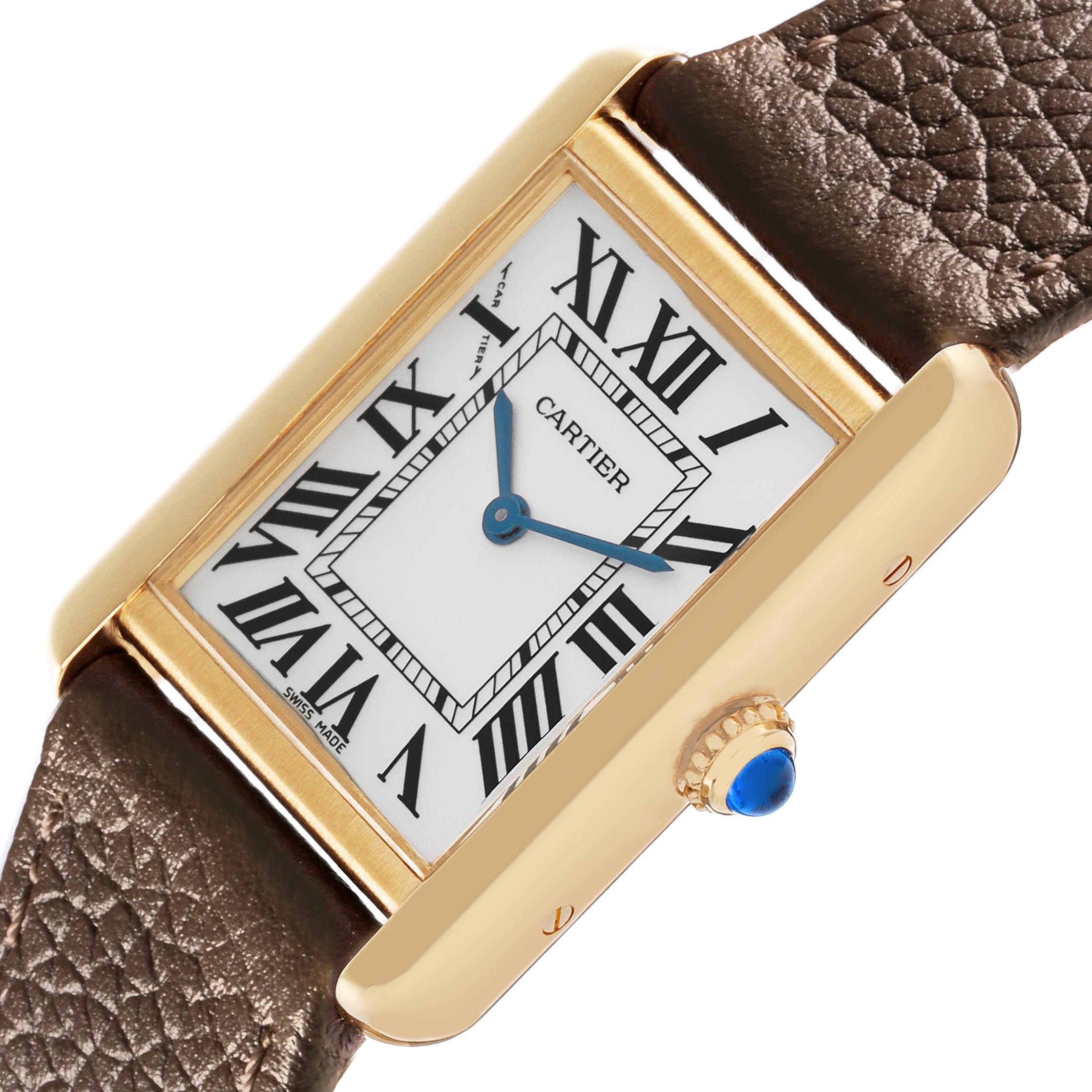The Cartier Tank Solo W1018755 Women
s Steel and Gold (two tone) Silver Dial W1018755 Women
s Steel and Gold (two tone) Silver Dial watch is shown at an angle highlighting the rectangular face, Roman numerals, gold case, and leather strap.