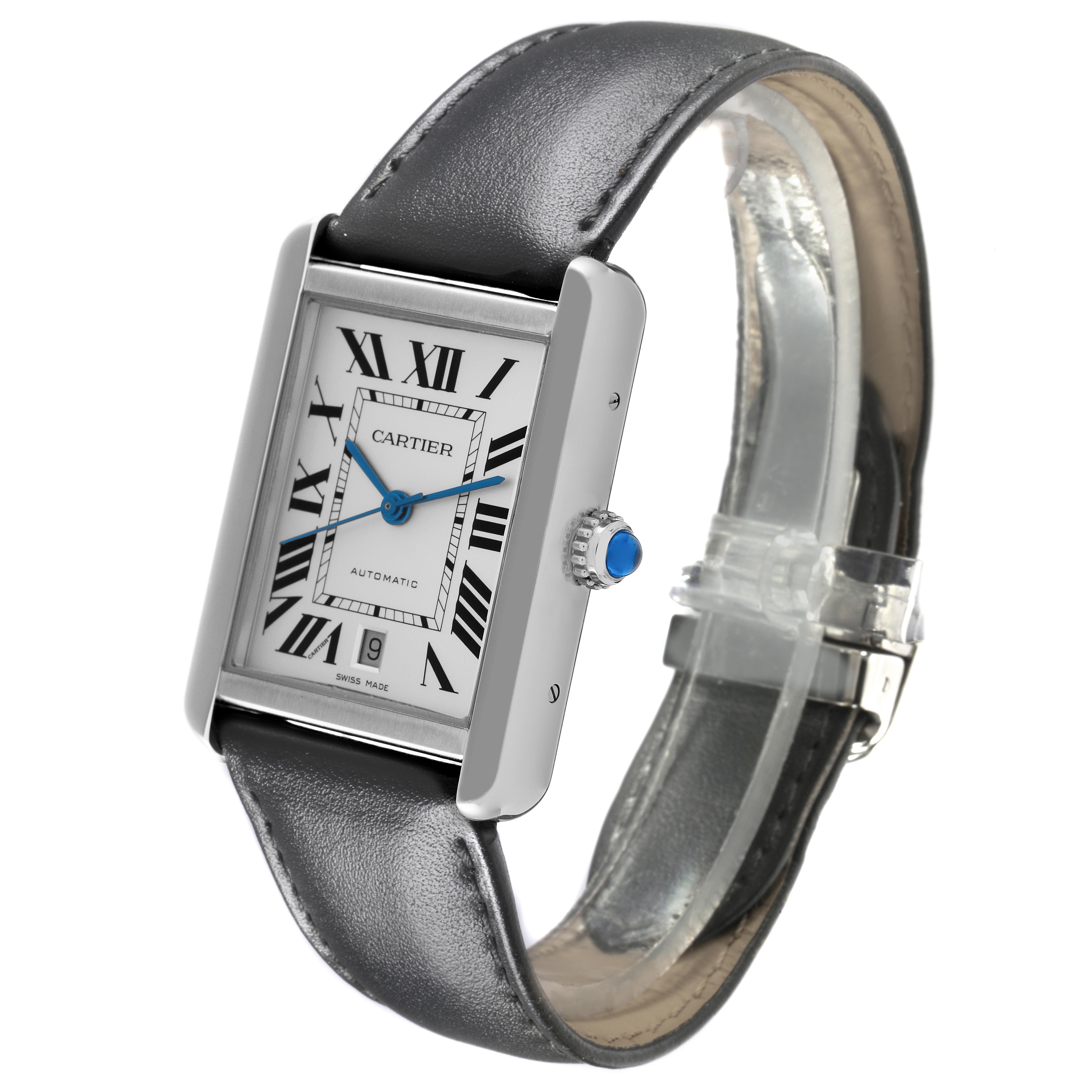 The Cartier Tank Solo WSTA0029 Men
s Stainless Steel Silver Dial WSTA0029 Men
s Stainless Steel Silver Dial watch is shown from a front angle, highlighting its square face, Roman numerals, and leather strap.
