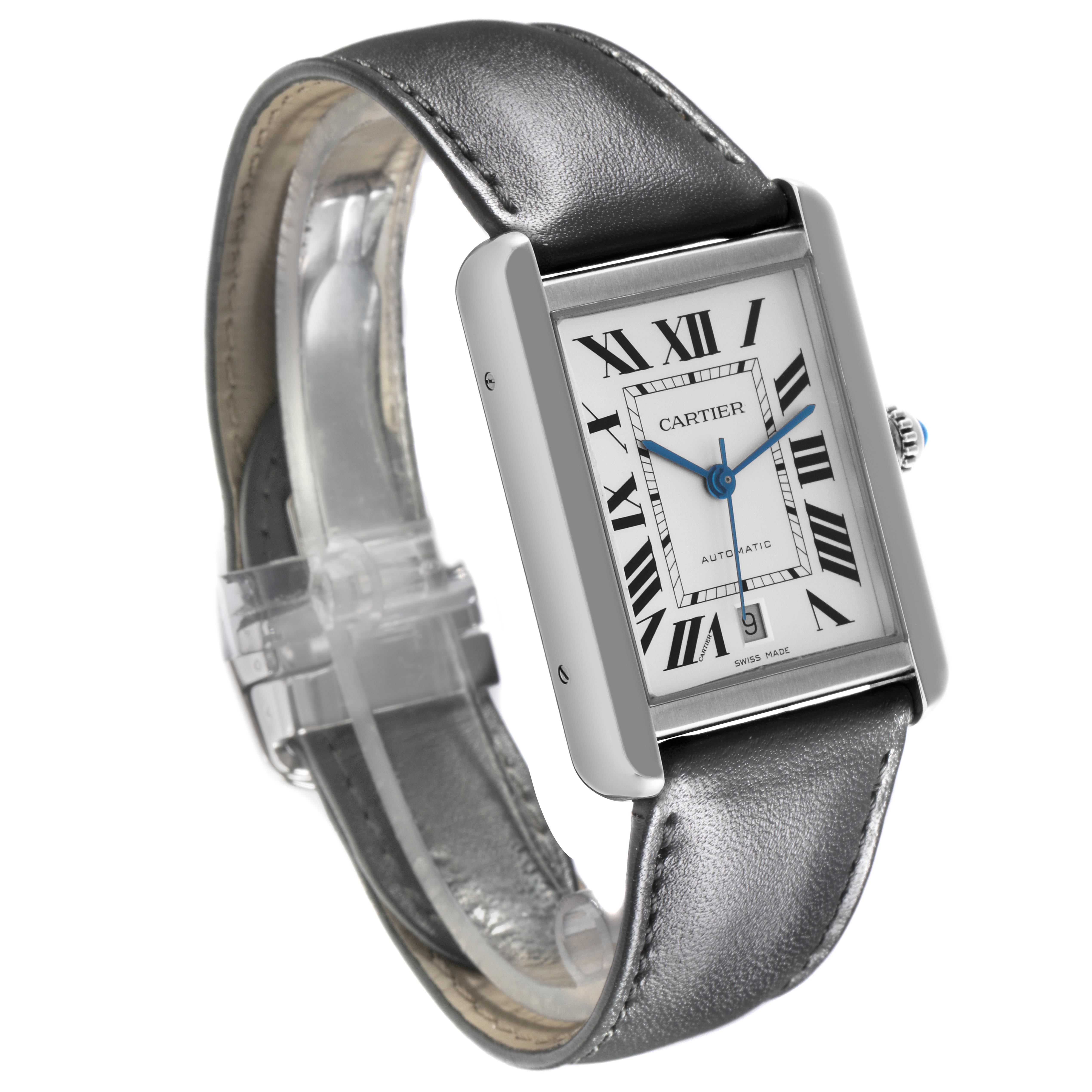 The Cartier Tank Solo WSTA0029 Men
s Stainless Steel Silver Dial WSTA0029 Men
s Stainless Steel Silver Dial watch is shown at an angled side view, highlighting the face, Roman numerals, hands, and leather strap.