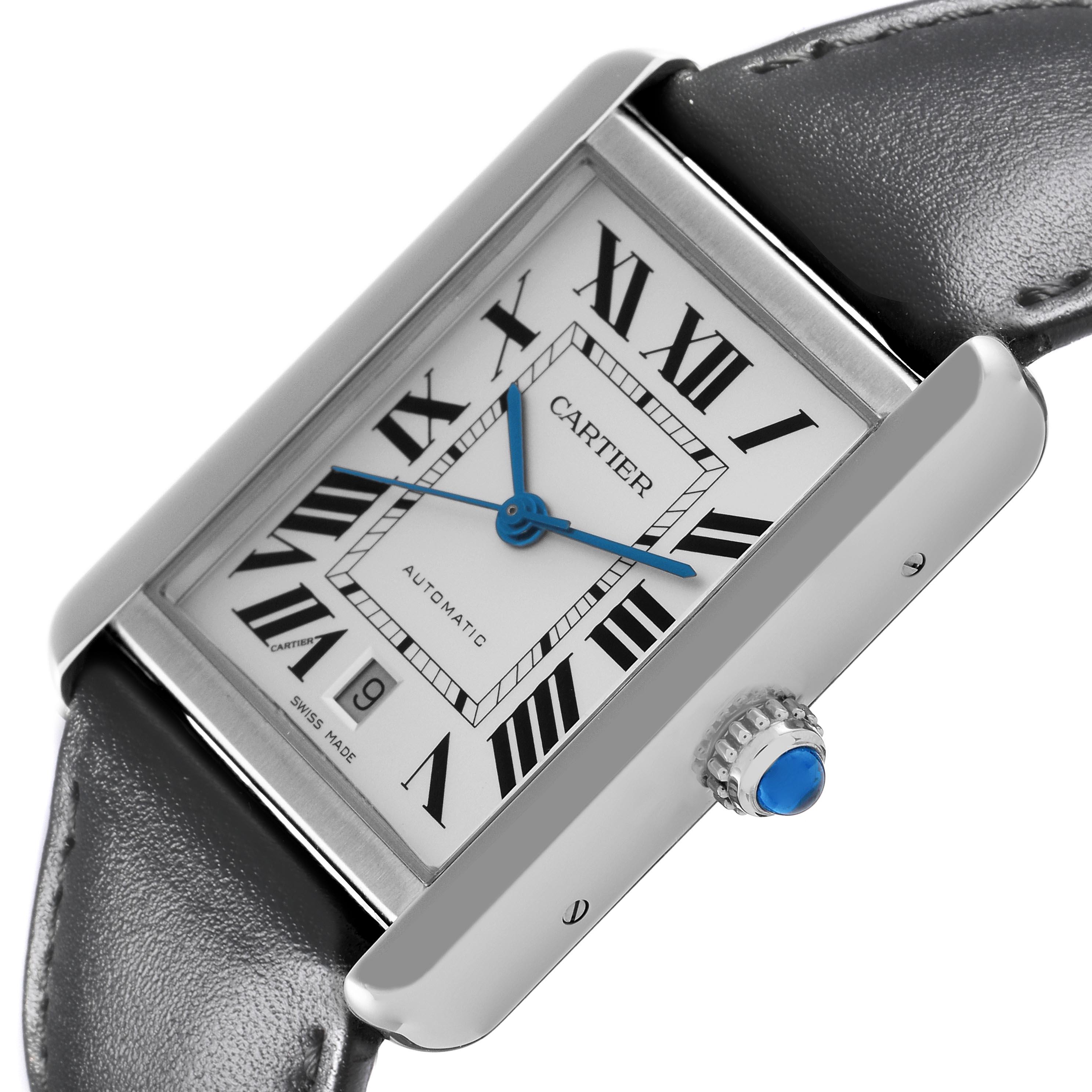 The Cartier Tank Solo WSTA0029 Men
s Stainless Steel Silver Dial WSTA0029 Men
s Stainless Steel Silver Dial watch is shown at an angled view emphasizing the face, Roman numerals, blue hands, crown, and leather strap.