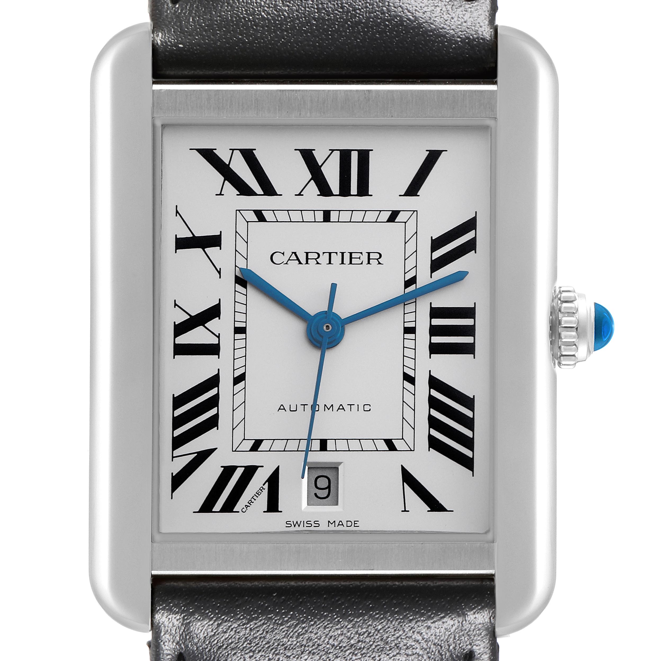 The Cartier Tank Solo WSTA0029 Men
s Stainless Steel Silver Dial WSTA0029 Men
s Stainless Steel Silver Dial watch is shown from the front, highlighting the face, Roman numerals, hands, and date display.
