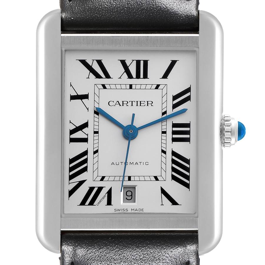 The Cartier Tank Solo watch is shown from the front, highlighting the face, Roman numerals, hands, and date display.