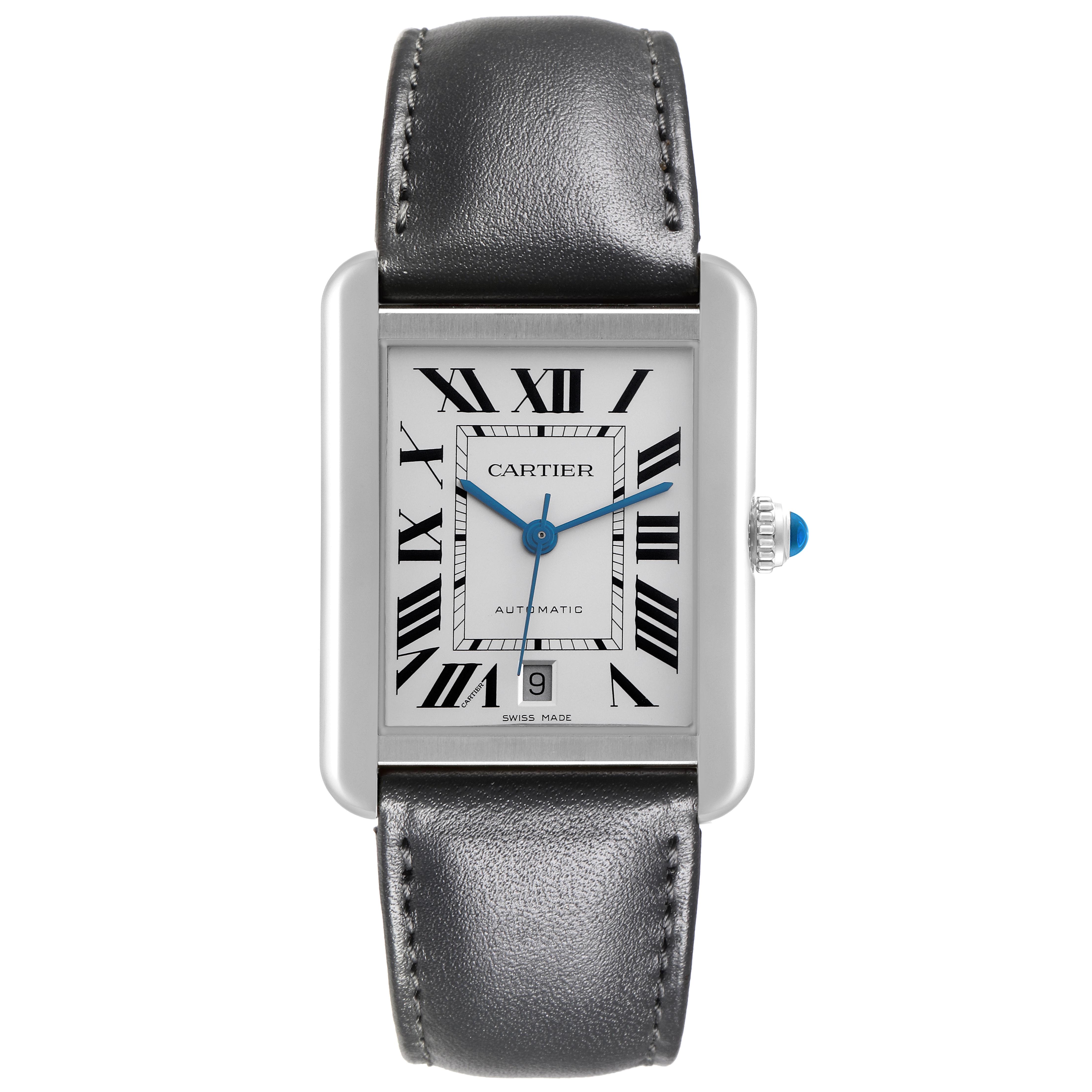 The Cartier Tank Solo WSTA0029 Men
s Stainless Steel Silver Dial WSTA0029 Men
s Stainless Steel Silver Dial watch is shown from a front view, displaying the face, Roman numerals, hands, and leather strap.