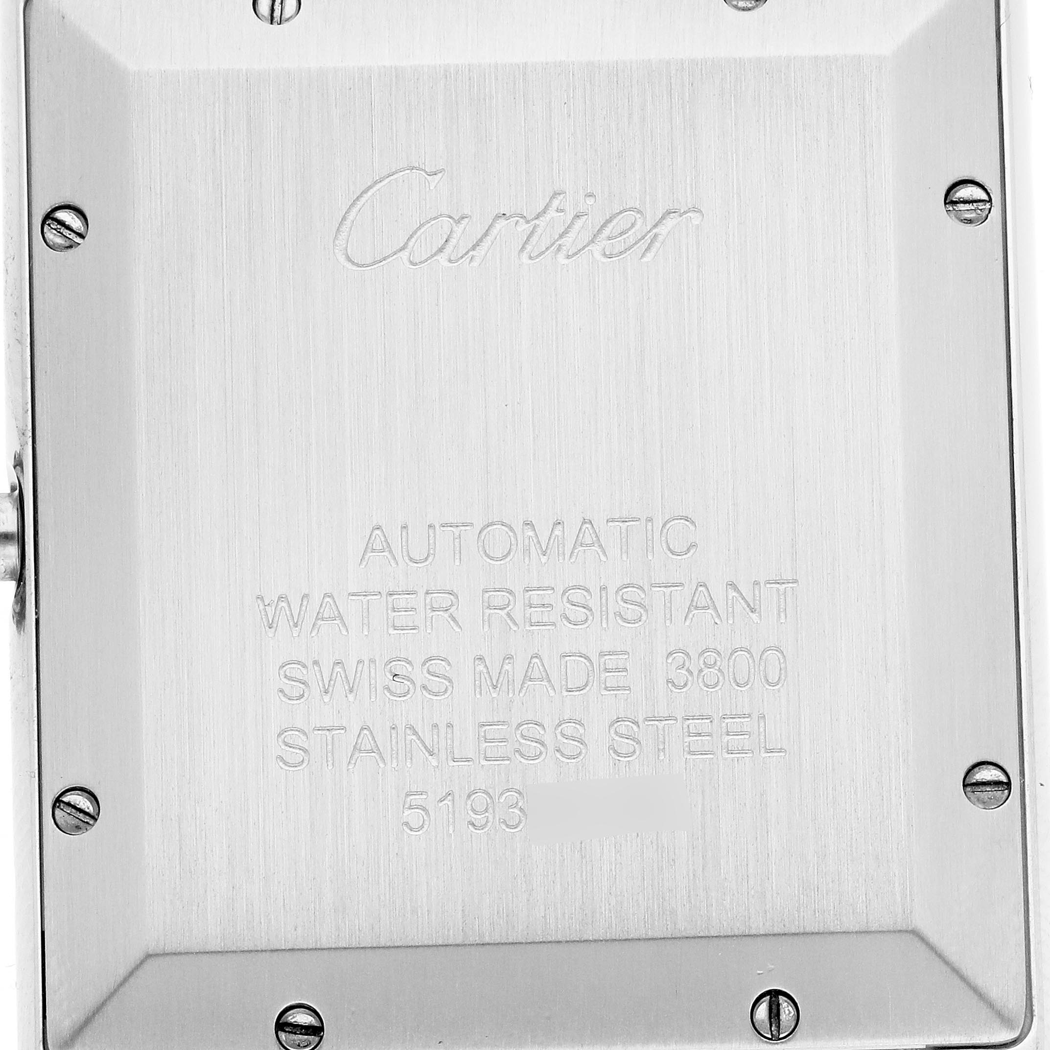 The image shows the back of the Cartier Tank Solo WSTA0029 Men
s Stainless Steel Silver Dial WSTA0029 Men
s Stainless Steel Silver Dial watch, highlighting details like "Automatic" and "Stainless Steel."