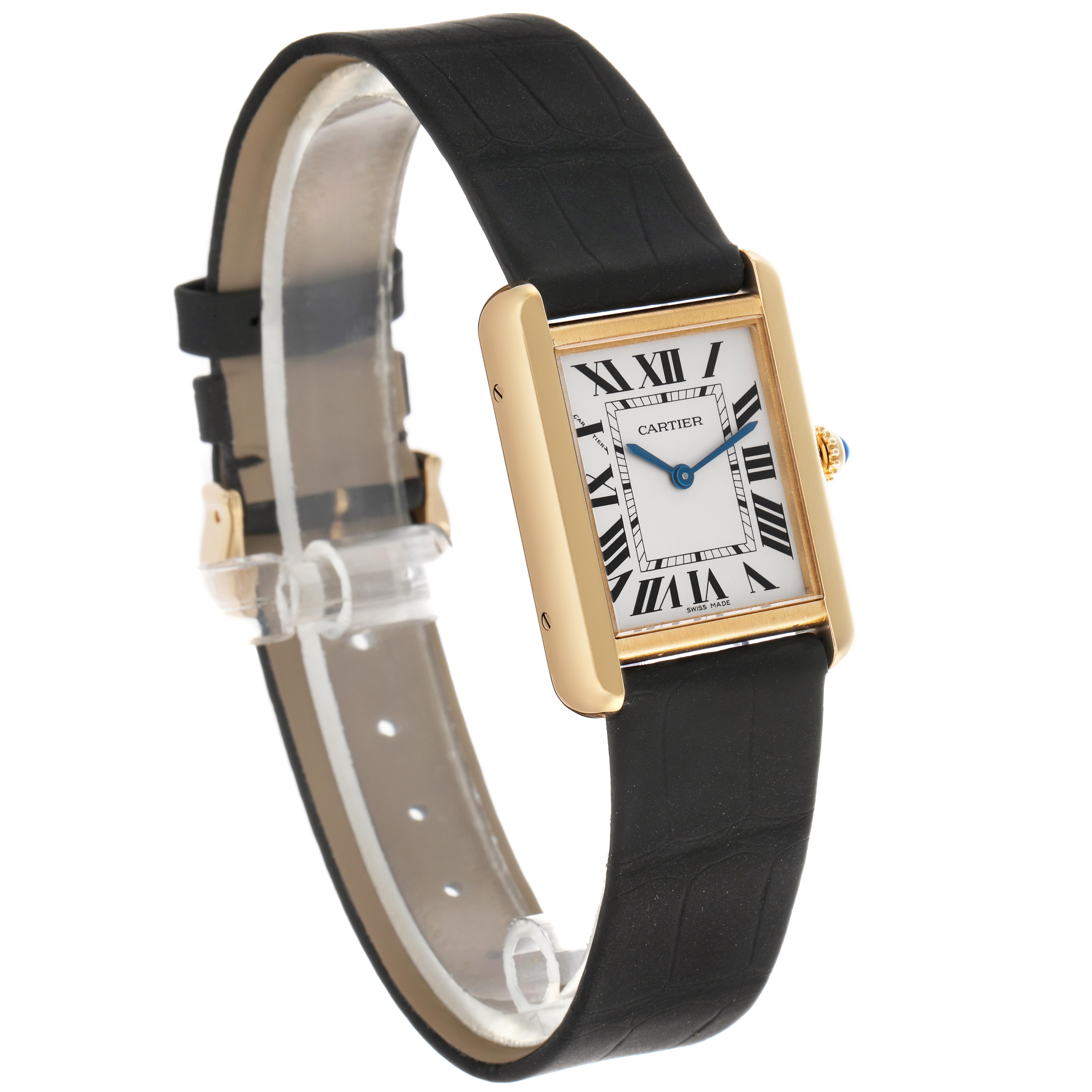 The Cartier Tank Solo W5200002 Women
s Steel and Gold (two tone) Silver Dial W5200002 Women
s Steel and Gold (two tone) Silver Dial watch is shown at an angle highlighting the face, gold case, black strap, and crown with a blue gem.